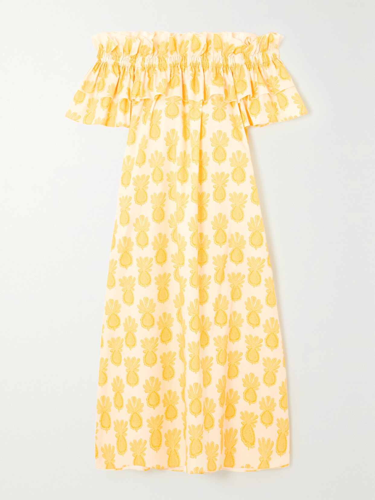 La Doublej Breakfast Off-the-shoulder Printed Cotton-poplin Maxi Dress In Yellow