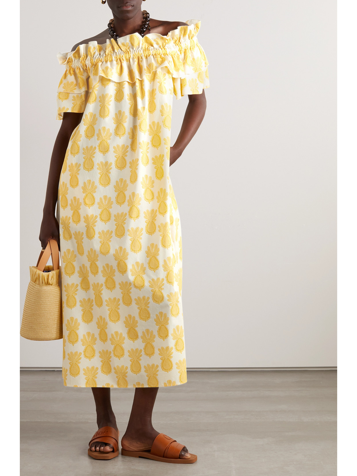 Shop La Doublej Breakfast Off-the-shoulder Printed Cotton-poplin Maxi Dress In Yellow