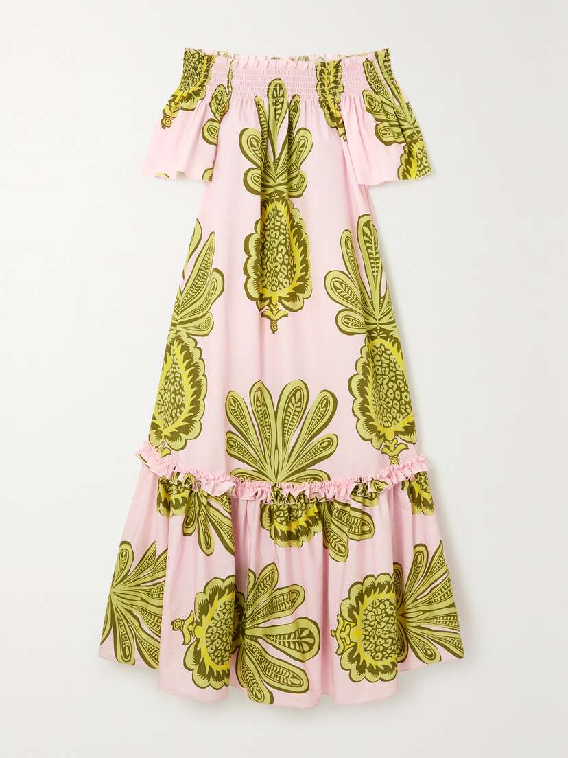 La DoubleJ Capalbio Off-the-shoulder Ruffled Printed Cotton-poplin Maxi Dress