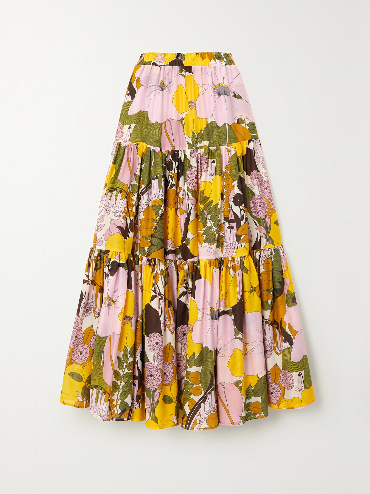 La DoubleJ Big Tiered Floral-print Cotton And Silk-blend Maxi Skirt - Pink