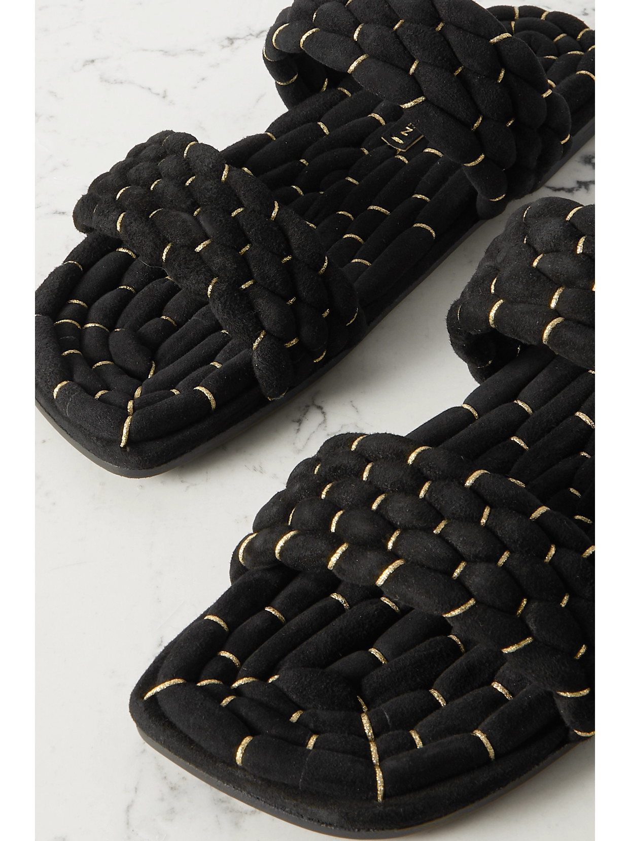 Dries Van Noten Woven Metallic Suede Slides In Black
