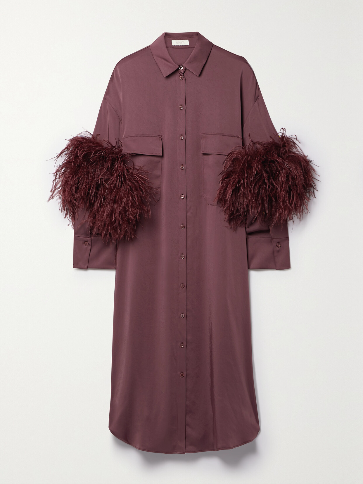 LAPOINTE FEATHER-TRIMMED SATIN MIDI SHIRT DRESS