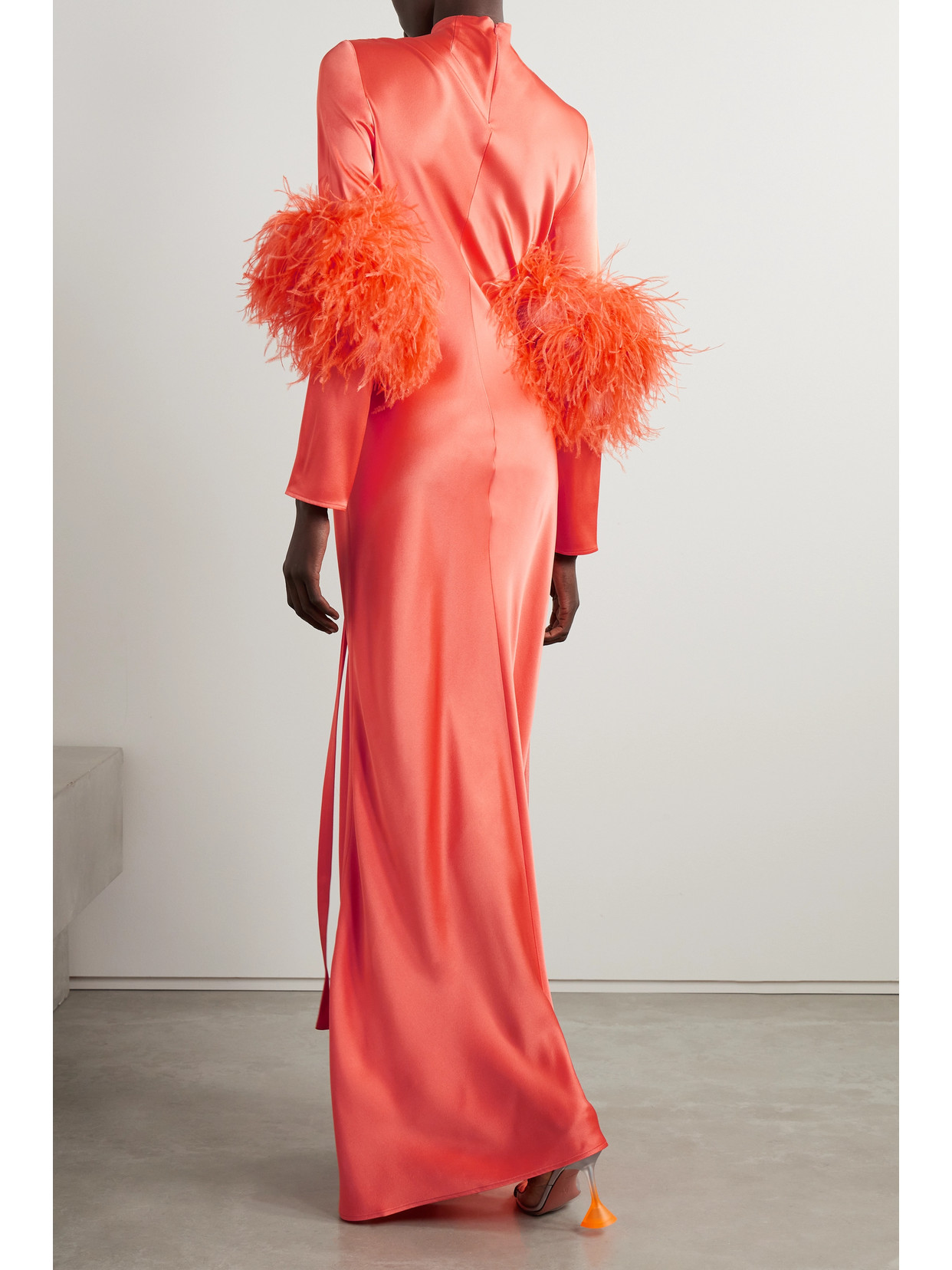 Lapointe Feather-trimmed Ruched Satin Gown In Orange
