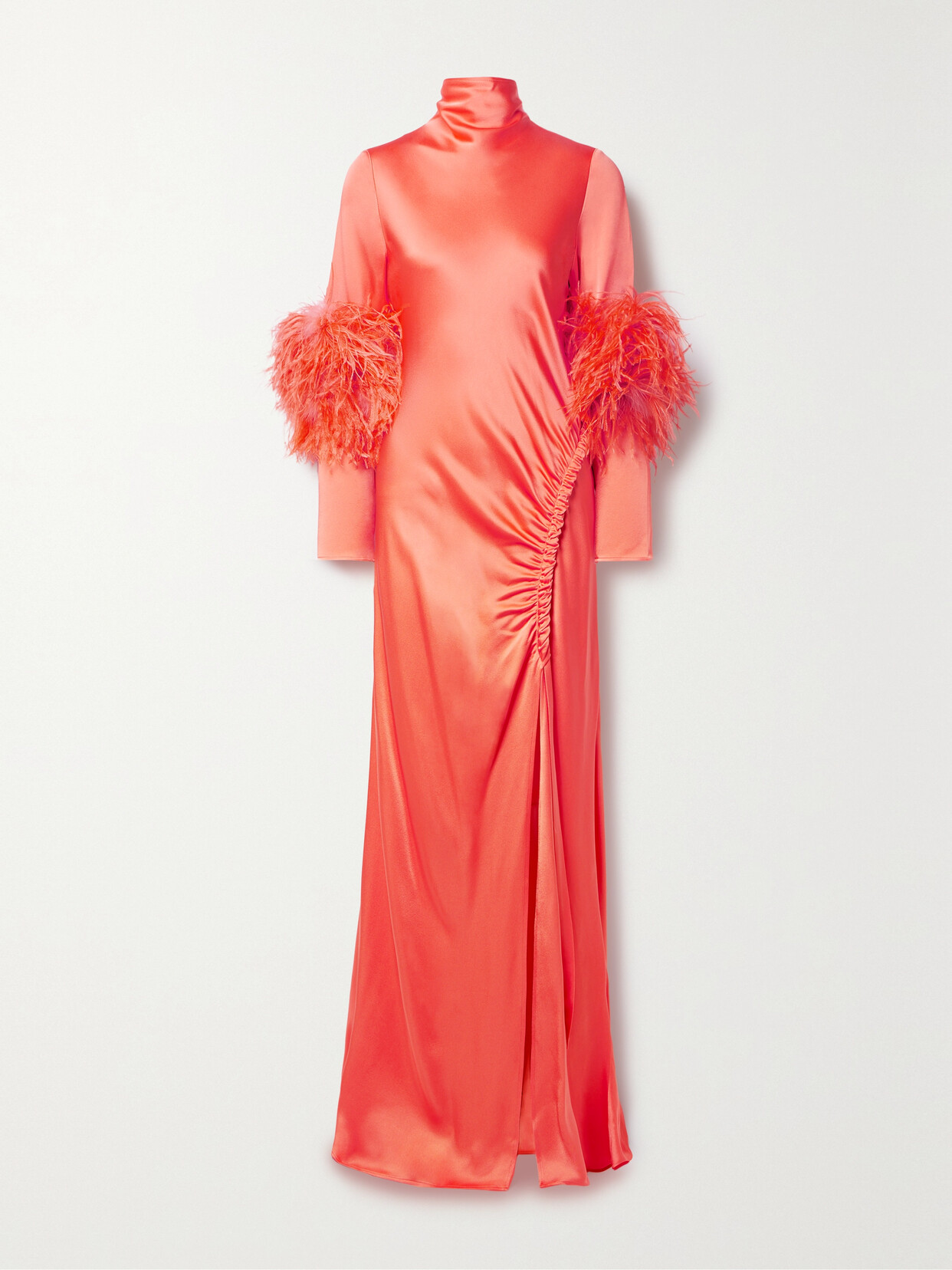 Lapointe Feather-trimmed Ruched Satin Gown In Orange