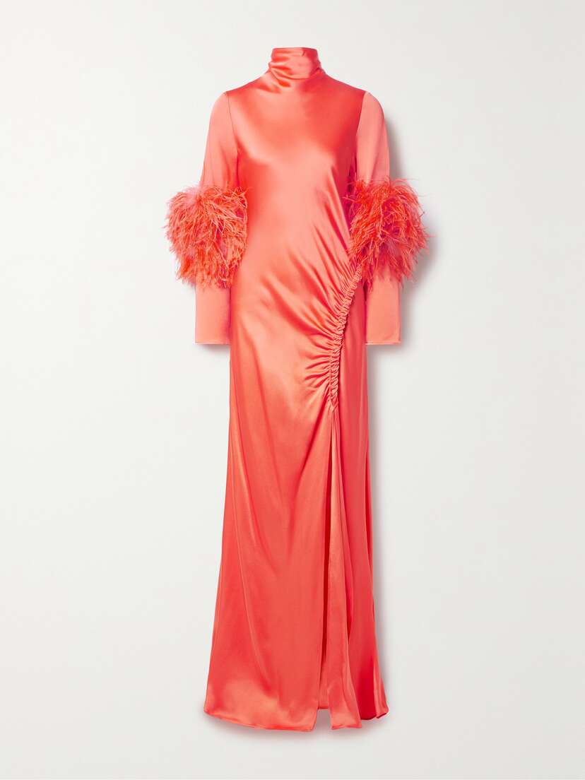 Lapointe Feather-trimmed Ruched Satin Gown