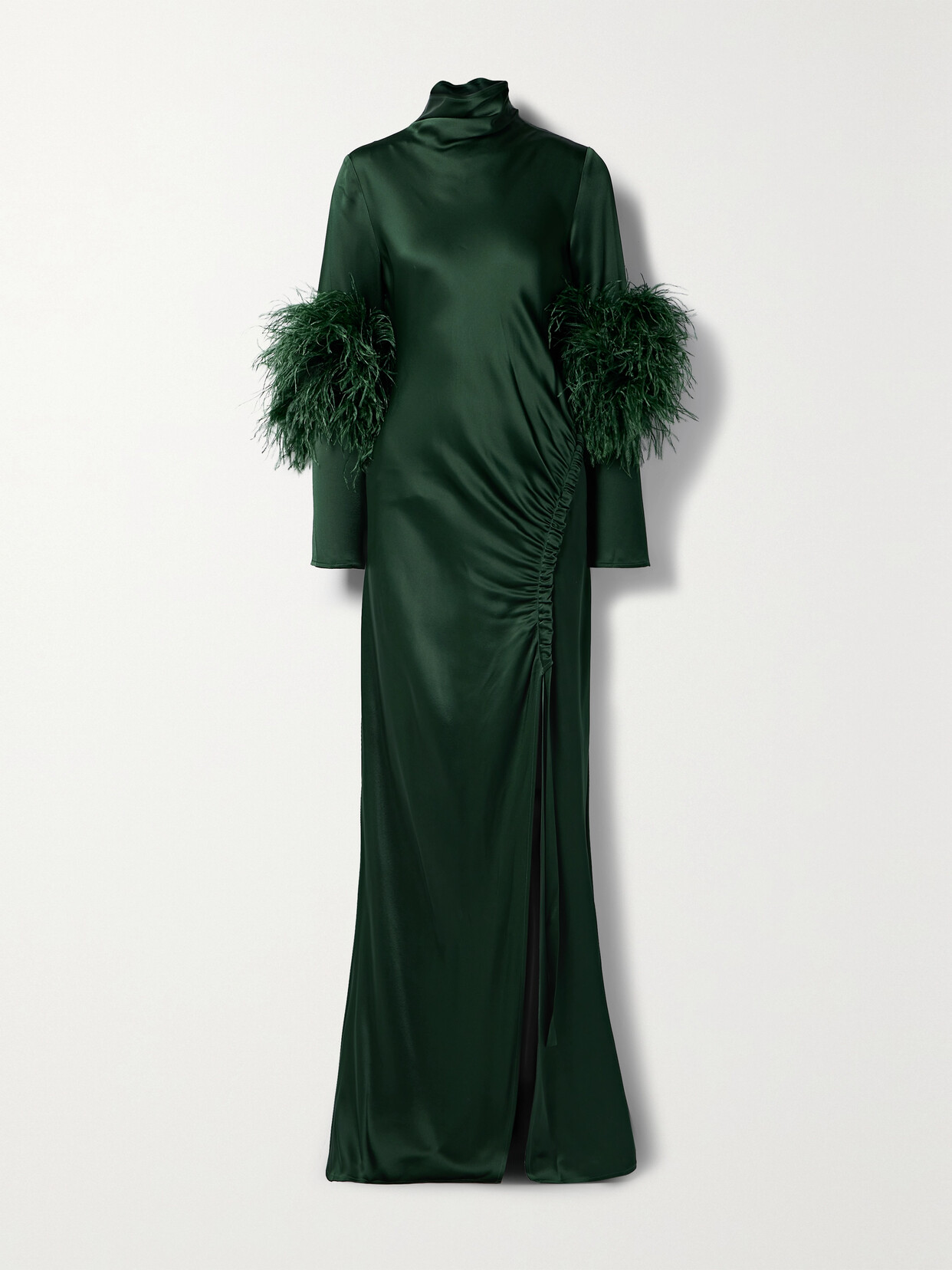 LAPOINTE - Feather-trimmed Ruched Satin Gown - Green