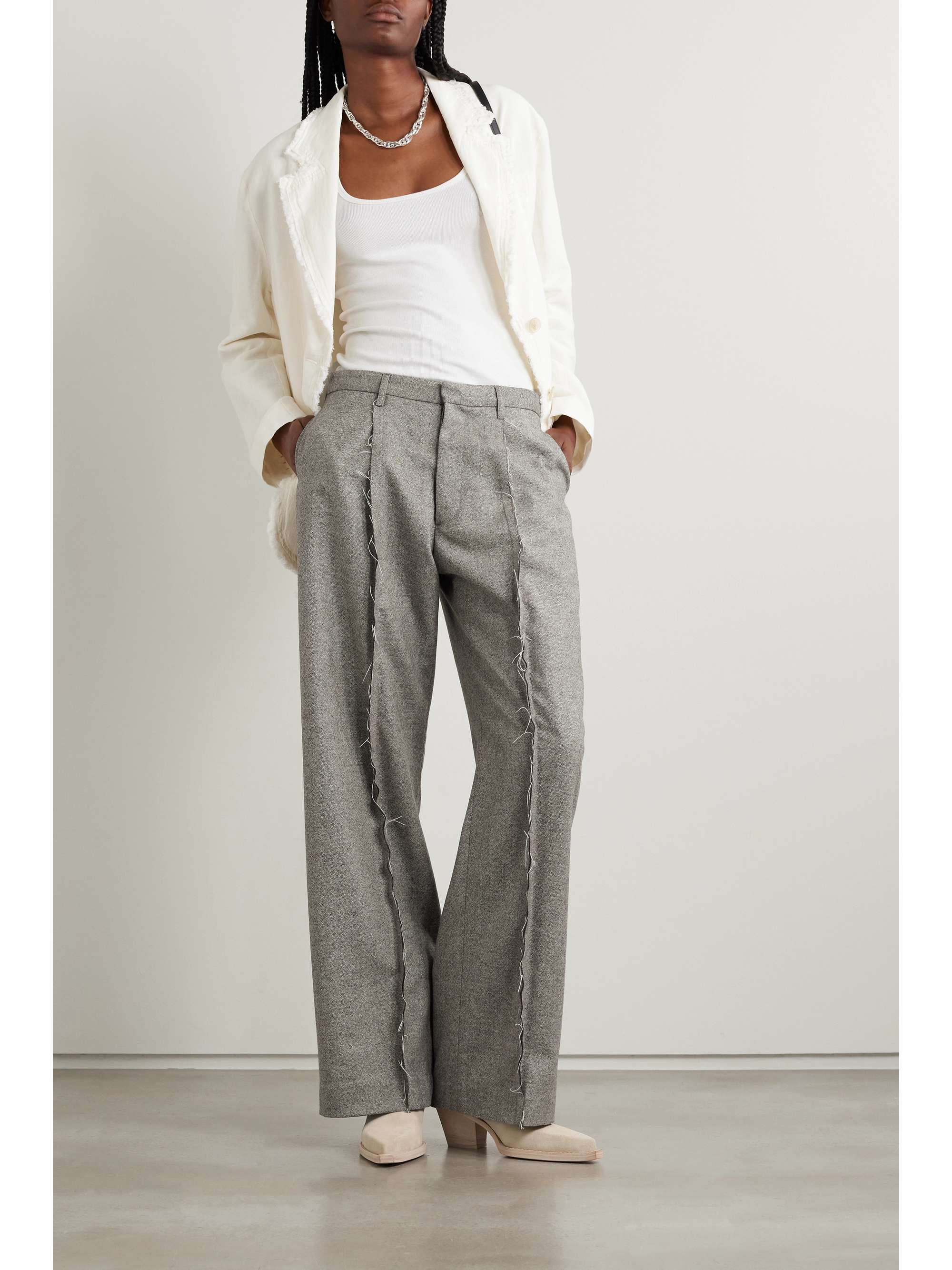 Distressed merino wool wide-leg pants