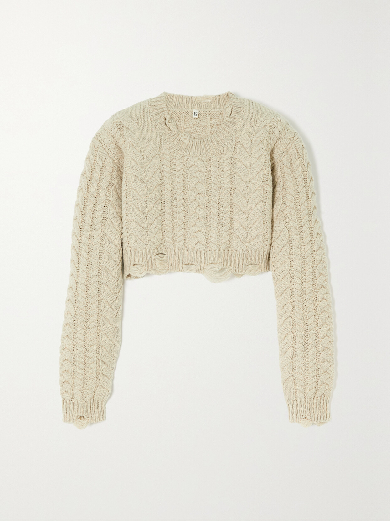 R13 CROPPED DISTRESSED CABLE-KNIT WOOL SWEATER