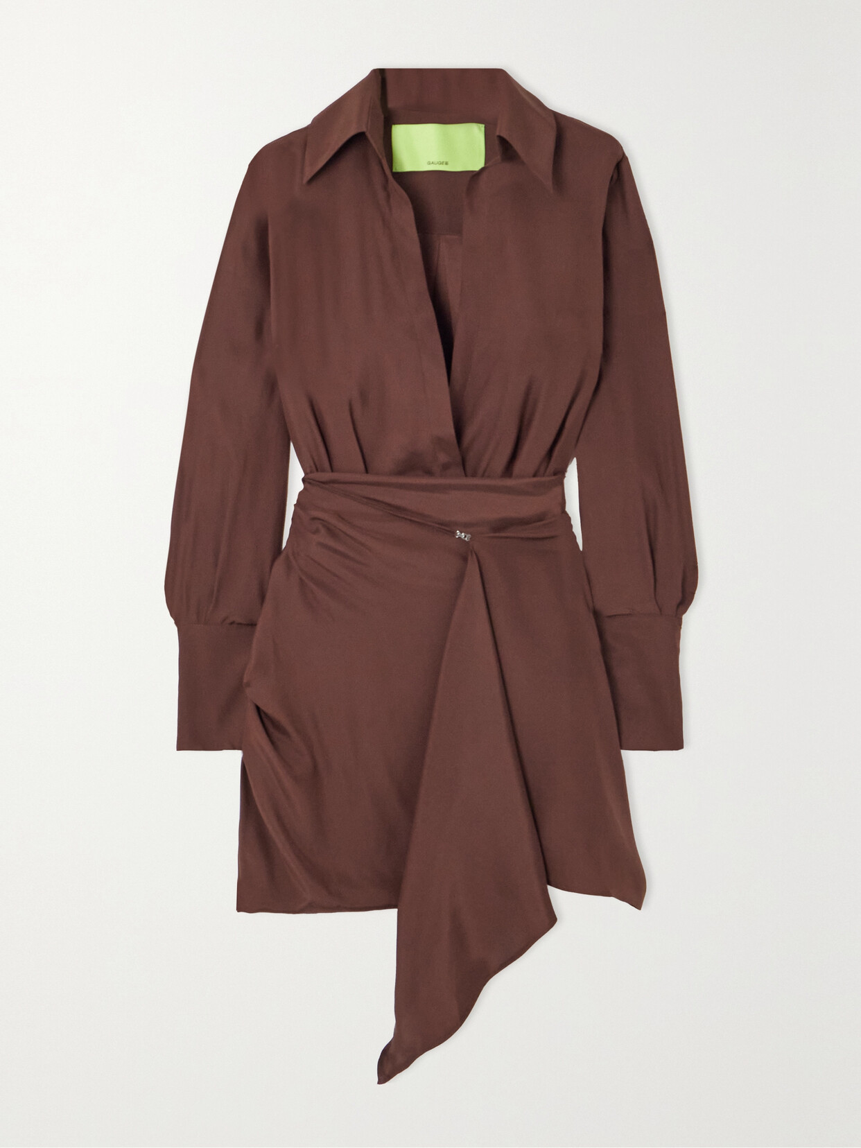 Gauge81 Gravia Draped Wrap-effect Silk-satin Mini Shirt Dress In Brown