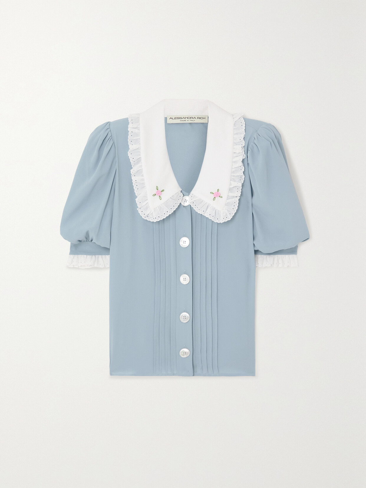 Alessandra Rich - Pintucked Cotton-trimmed Crepe De Chine Blouse - Blue