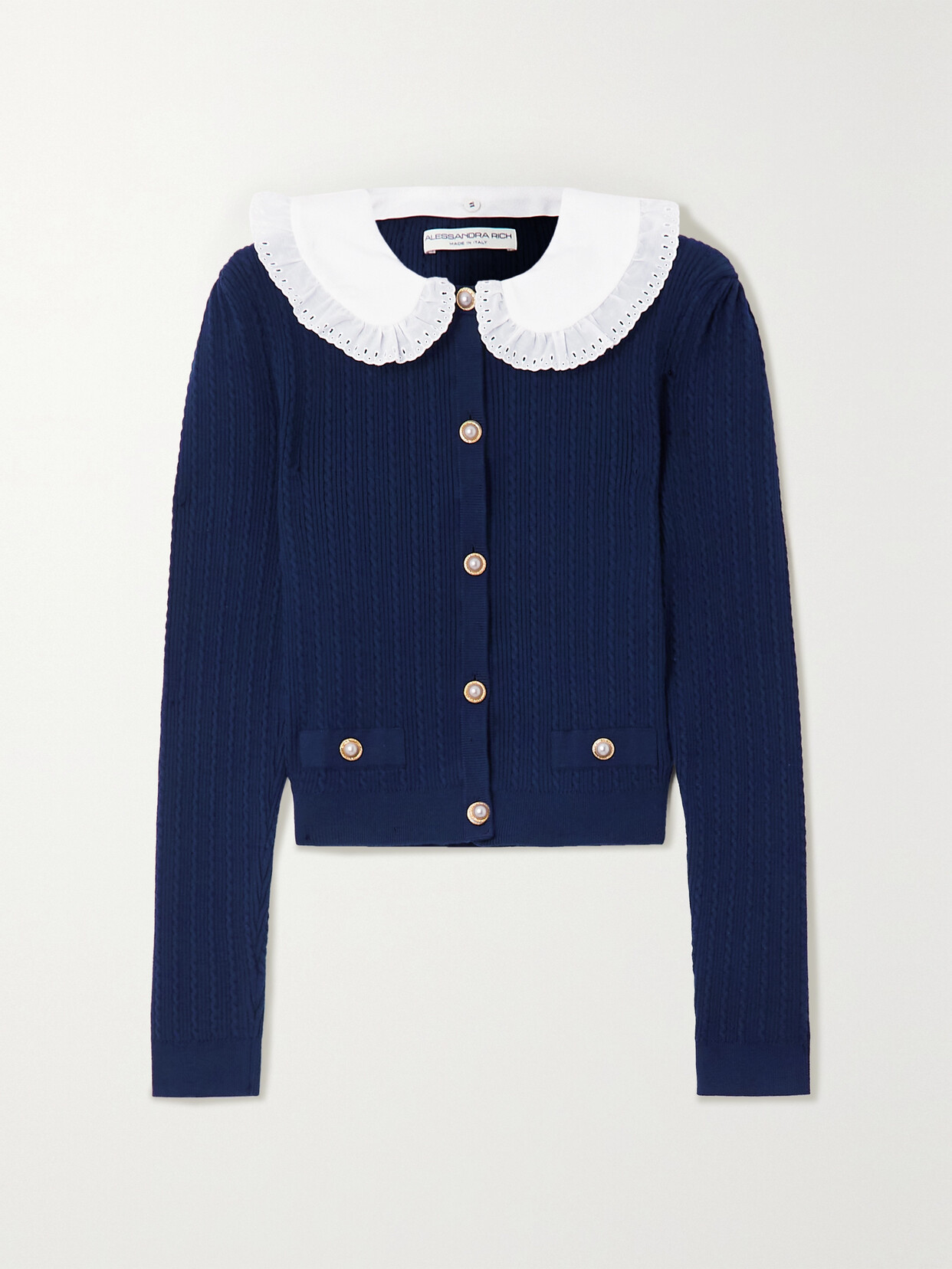 Alessandra Rich - Broderie Anglaise-trimmed Cable-knit Cotton-blend Cardigan - Blue