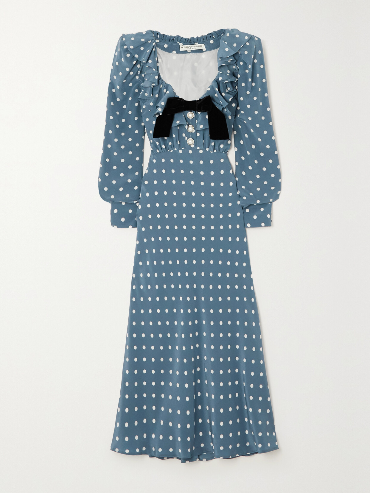 Alessandra Rich - Ruffled Embellished Polka-dot Crepe De Chine Midi Dress - Blue