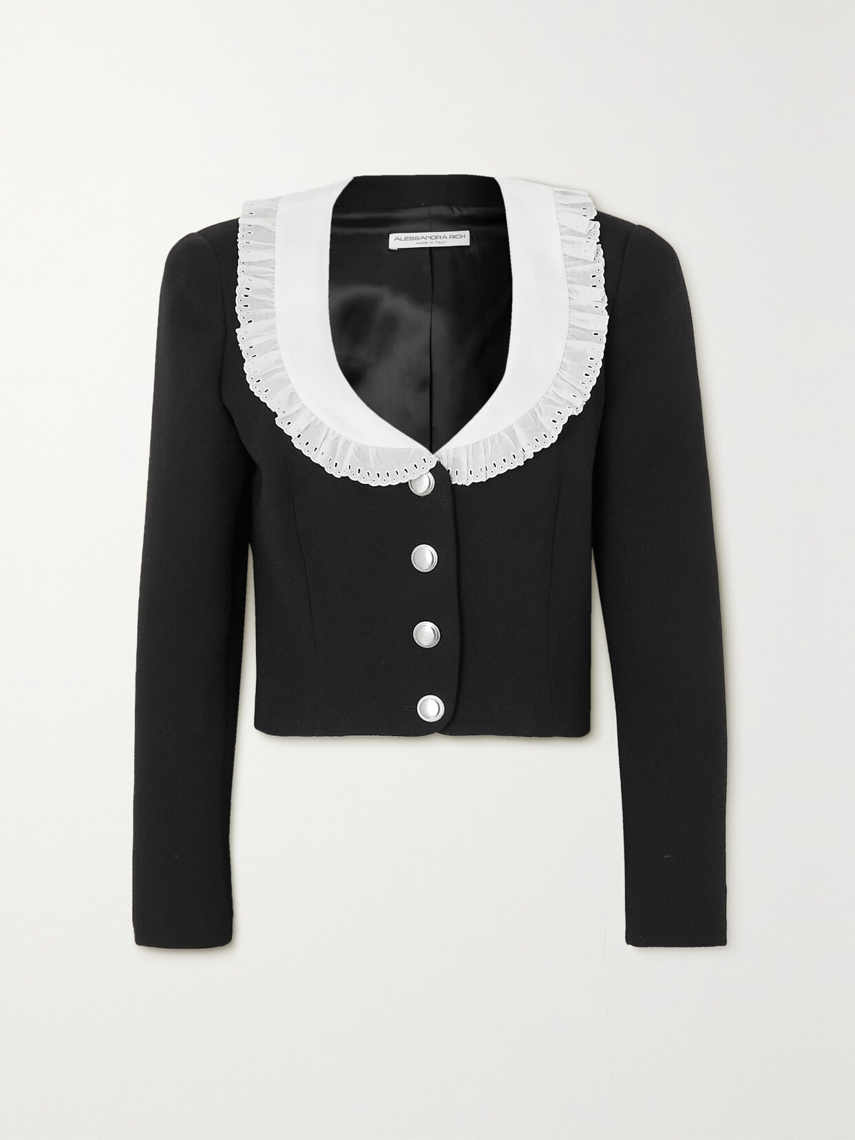 Alessandra Rich - Cropped Broderie-anglaise Trimmed Wool Blazer - Black