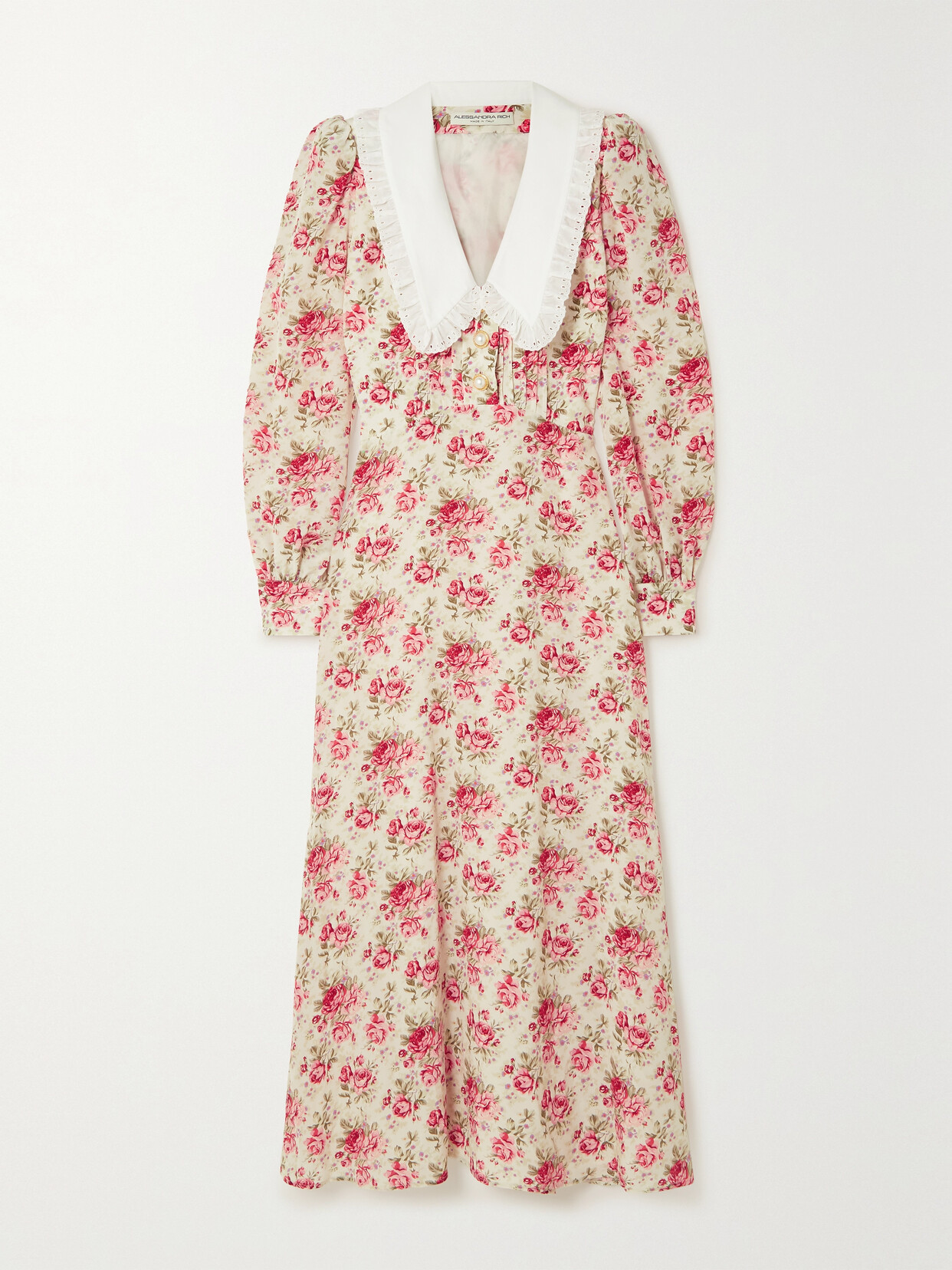 Alessandra Rich - Broderie Anglaise-trimmed Floral-print Silk Midi Dress - Pink