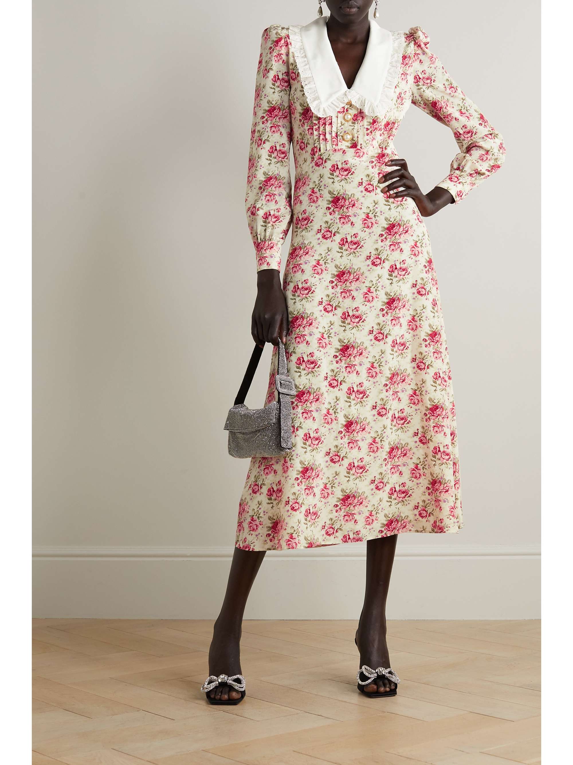ALESSANDRA RICH Broderie anglaise-trimmed floral-print silk midi dress |  NET-A-PORTER