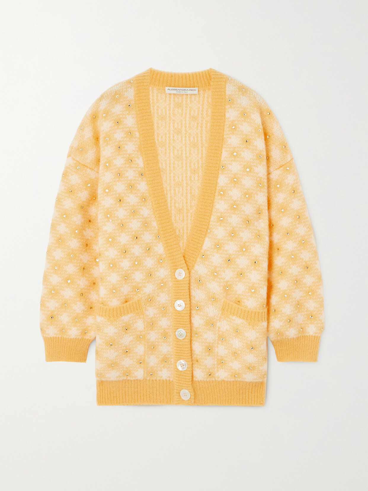 Alessandra Rich - Crystal-embellished Checked Mohair-blend Cardigan - Yellow