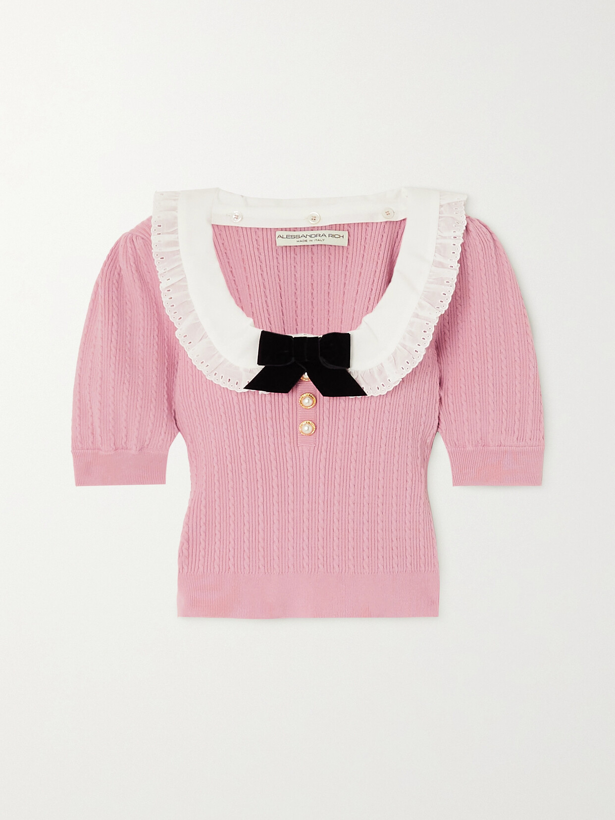 Alessandra Rich - Cropped Embellished Broderie Anglaise-trimmed Cotton-blend Sweater - Pink