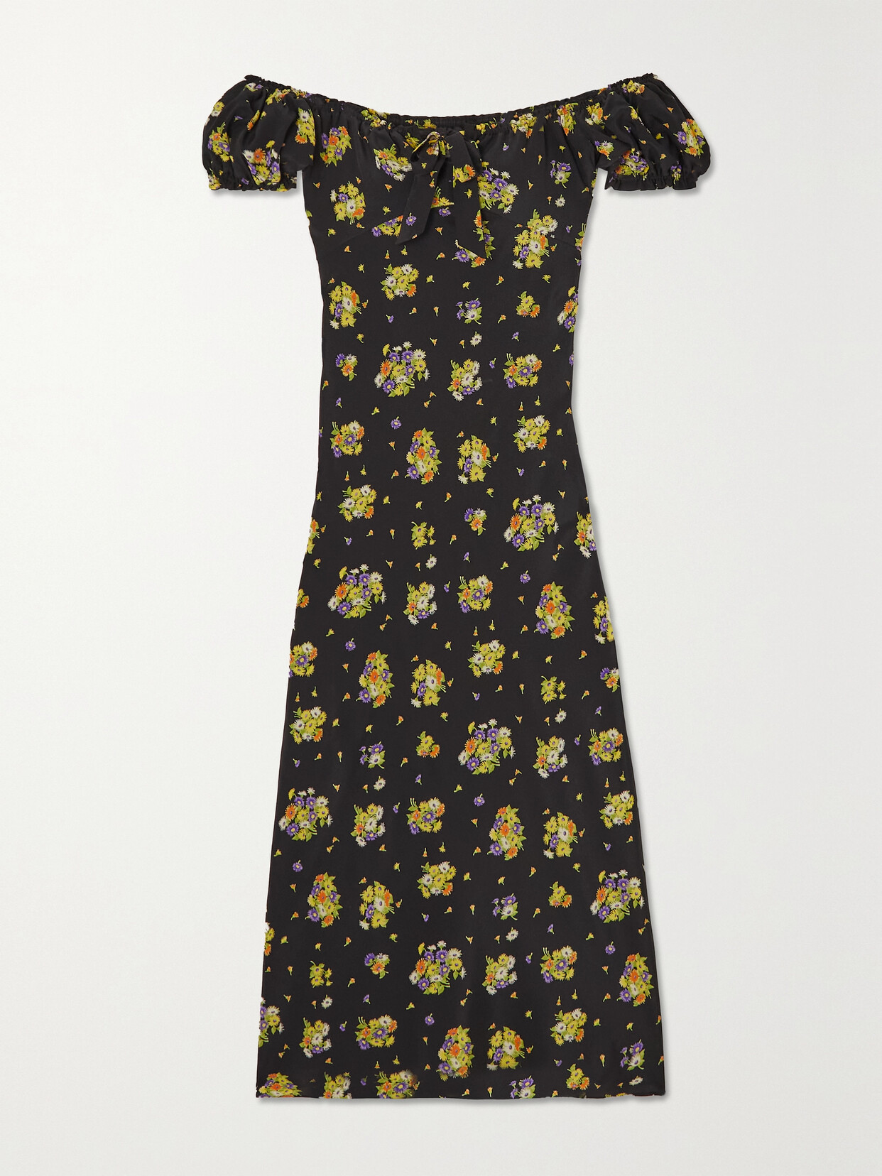 Alessandra Rich Off-the-shoulder Floral-print Silk-crepe Maxi Dress In Black