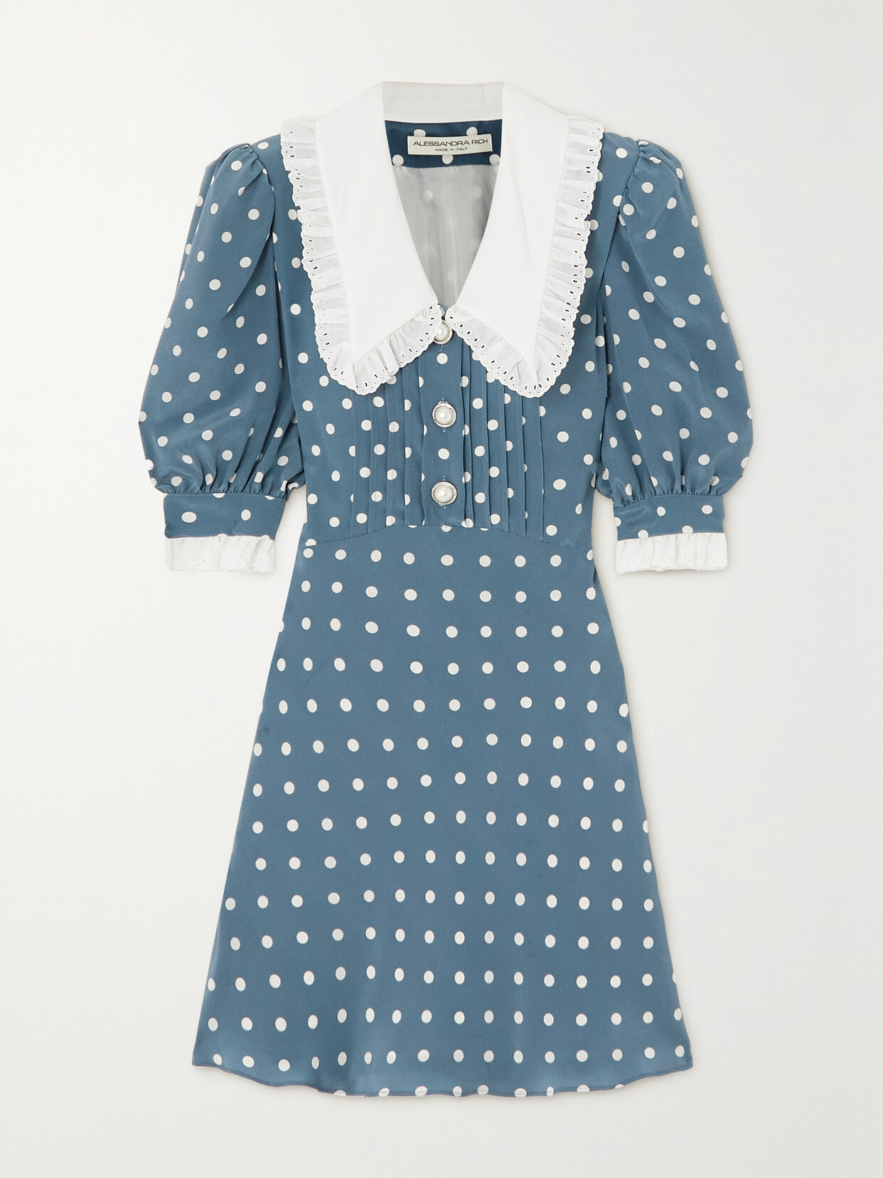 Alessandra Rich - Button-embellished Broderie Anglaise-trimmed Polka-dot Silk Mini Dress - Blue