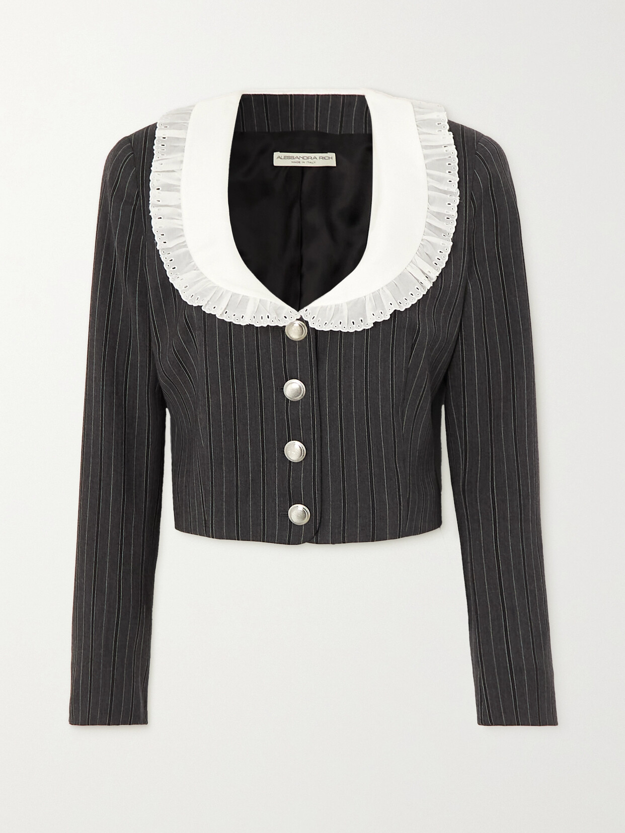 Alessandra Rich - Cropped Broderie Anglaise-trimmed Pinstriped Wool-blend Jacket - Gray
