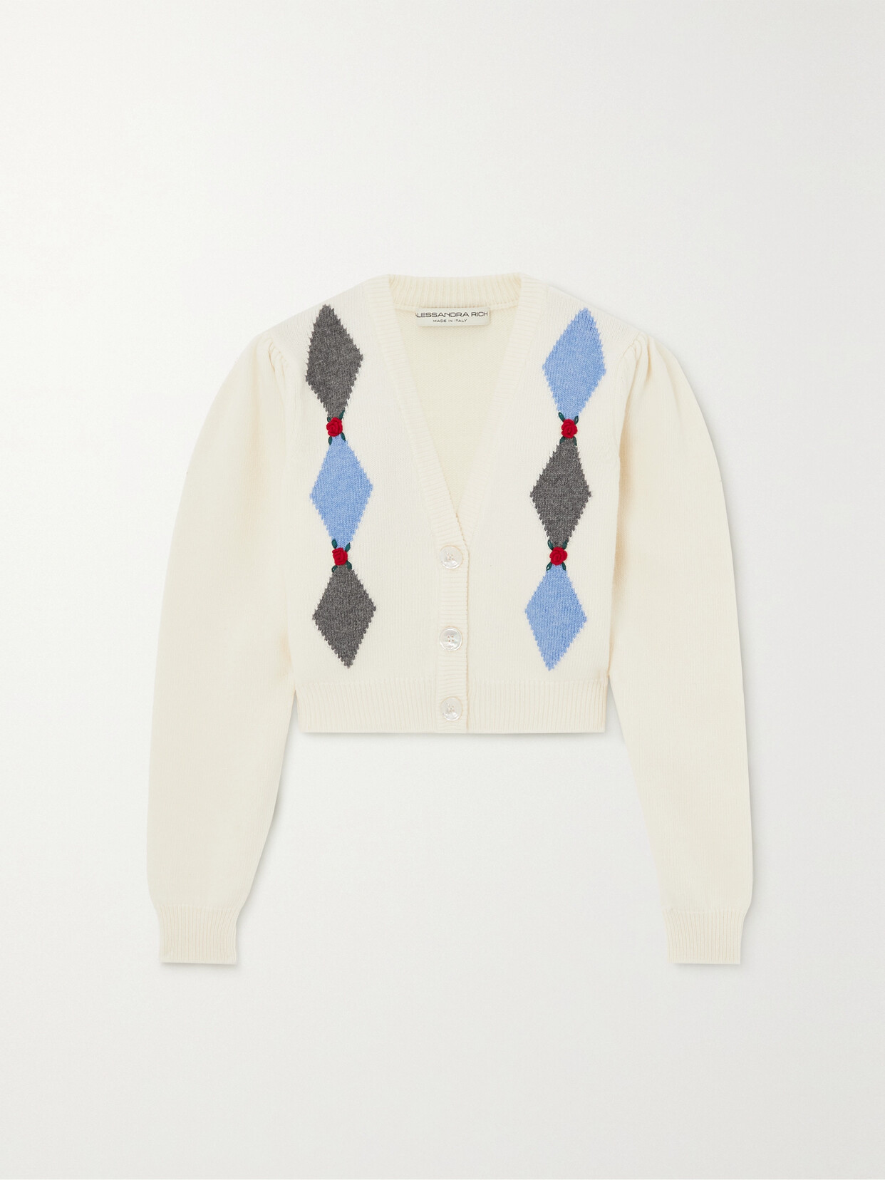 Alessandra Rich - Cropped Embroidered Argyle Wool Cardigan - White