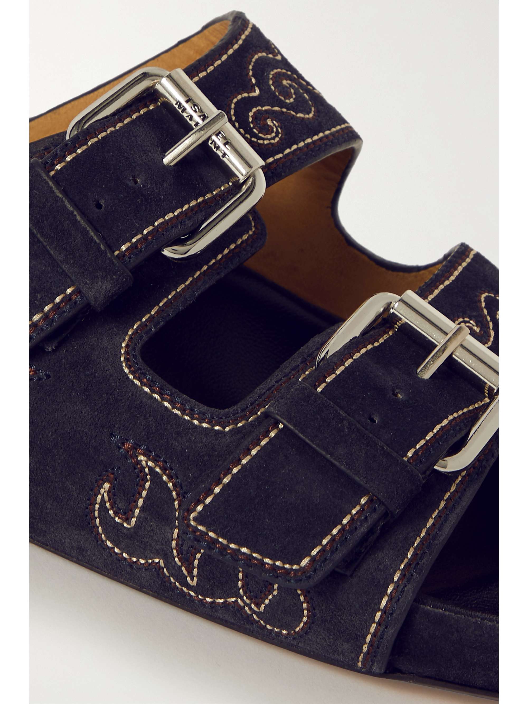 ISABEL MARANT 레니오 버클 자수 스웨이드 슬라이더 샌들