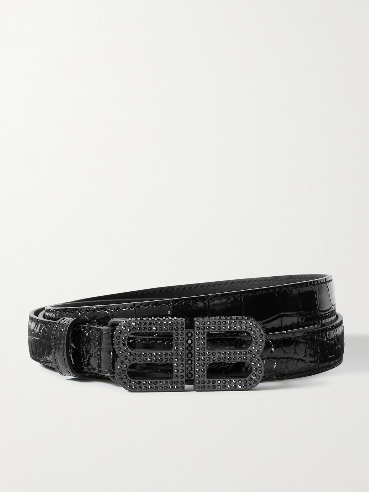 Shop Balenciaga Bb Hourglass Crystal-embellished Croc-effect Leather Belt In Black