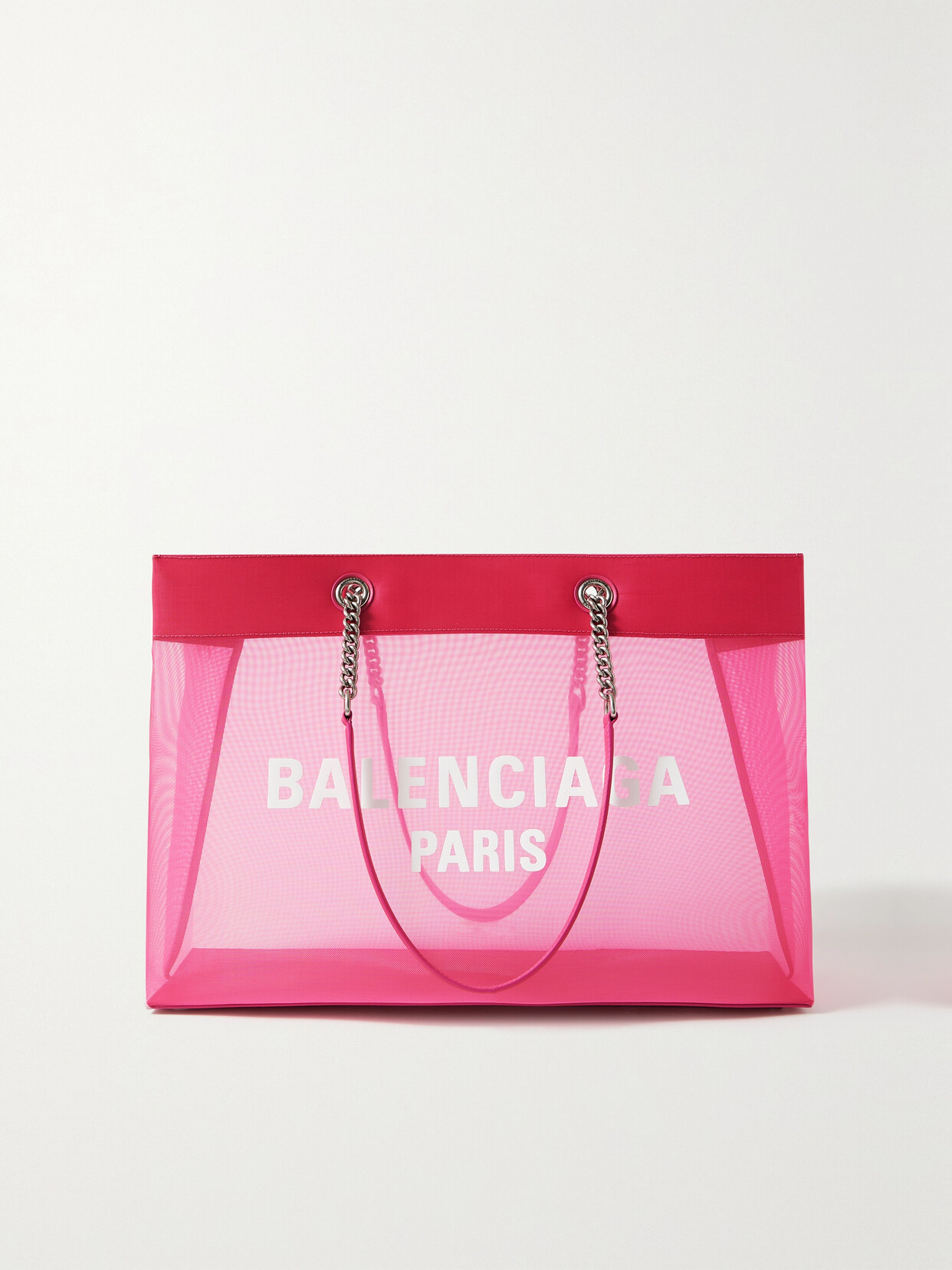 Balenciaga Duty Free Large Mesh Tote Bag In White/fuchsia