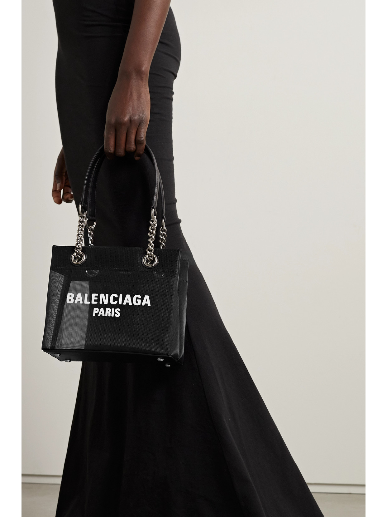 Shop Balenciaga Duty Free Large Leather-trimmed Printed Mesh Tote In Black