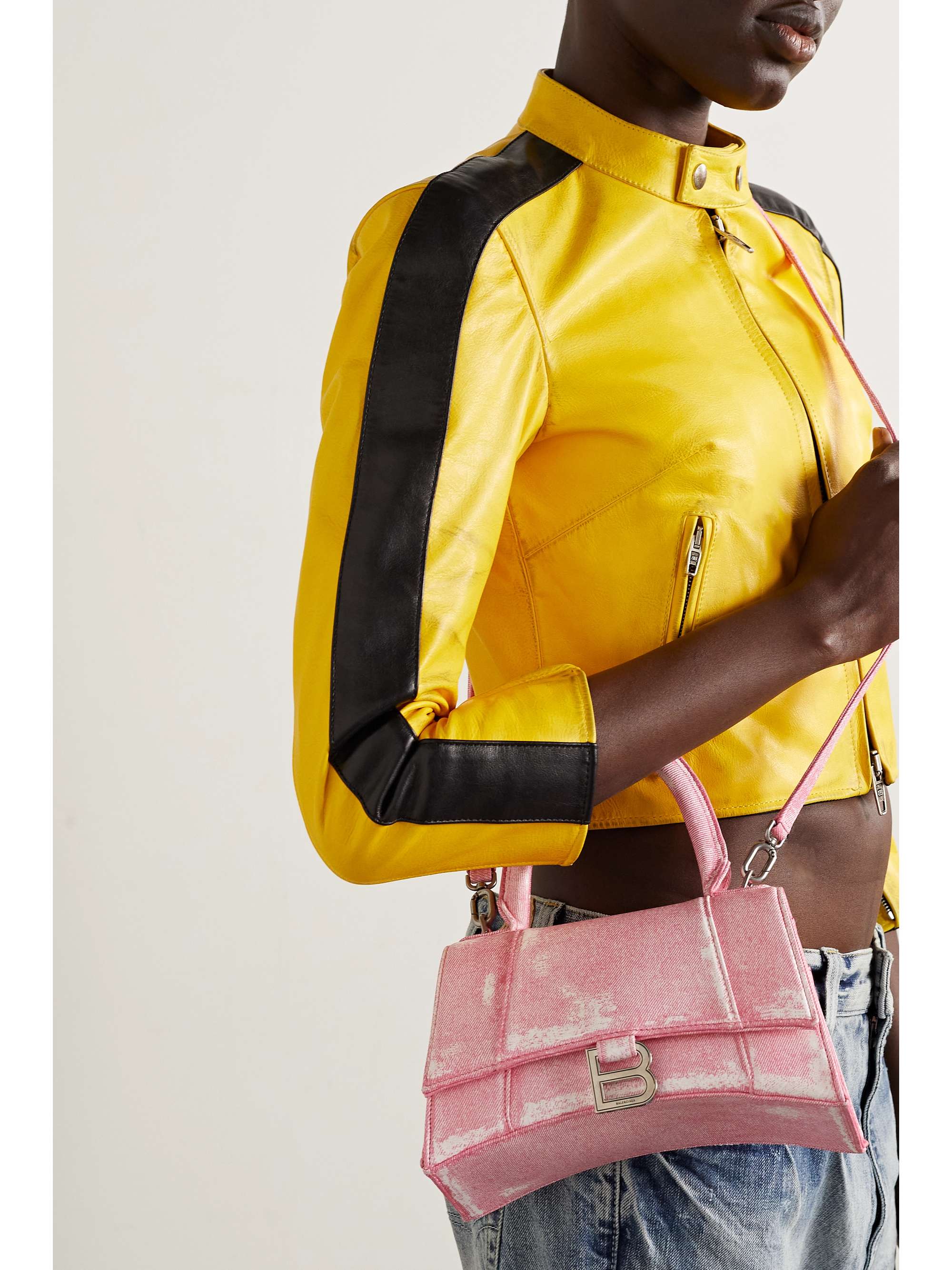 BALENCIAGA Hourglass small denim-effect printed leather tote