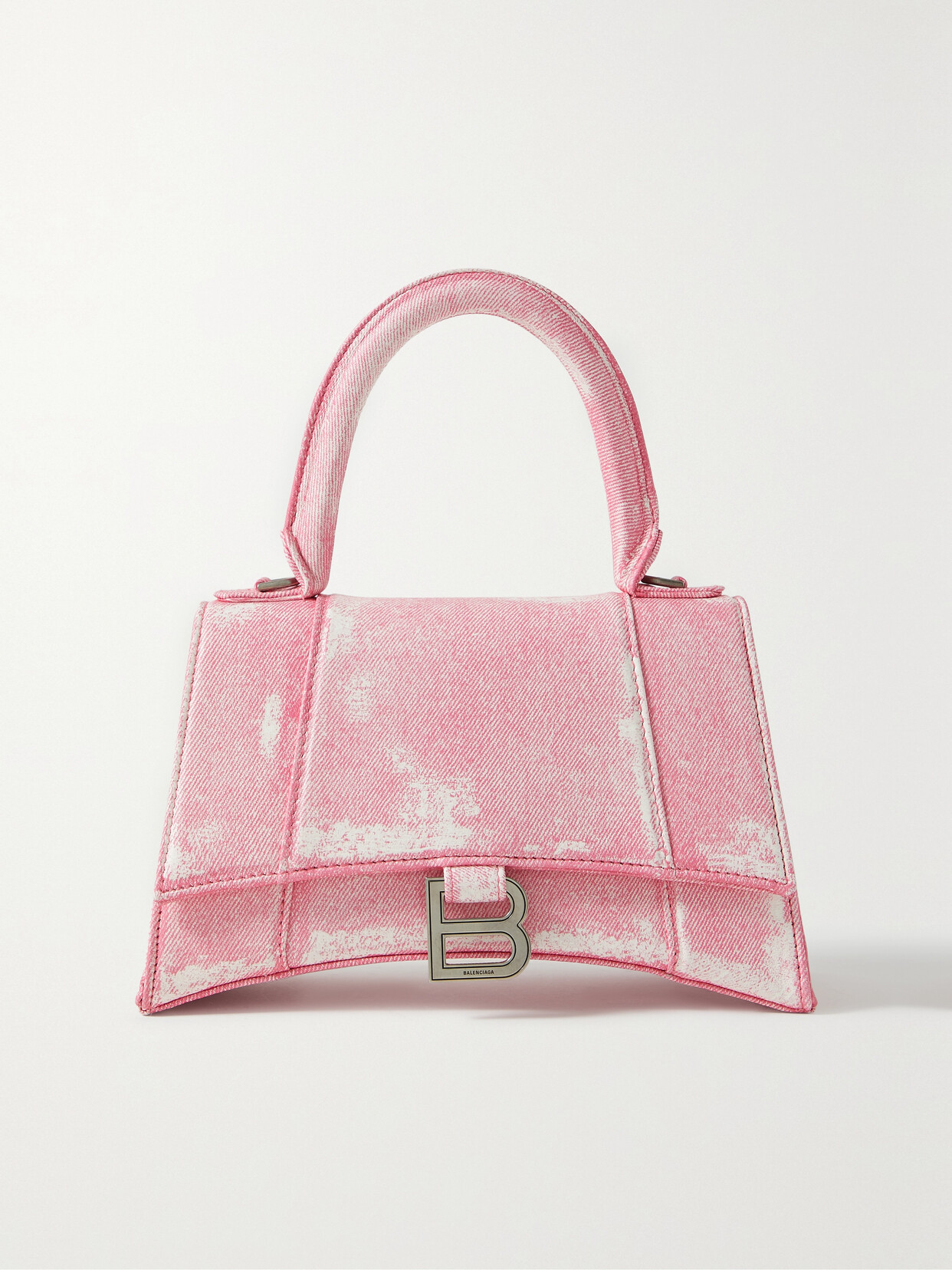 Pink Hourglass XS logo-print denim cross-body bag, Balenciaga