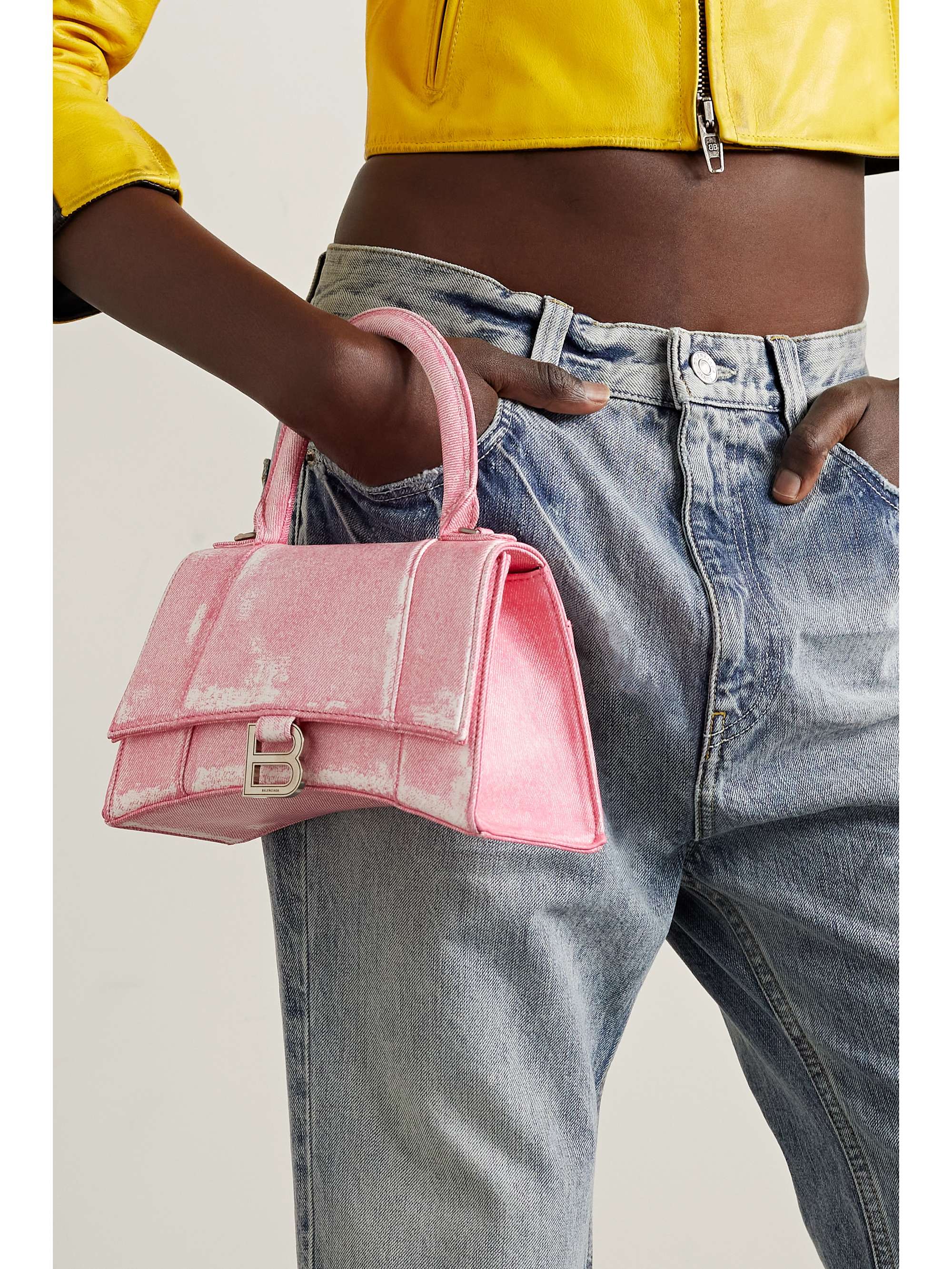 Pink Hourglass XS logo-print denim cross-body bag, Balenciaga