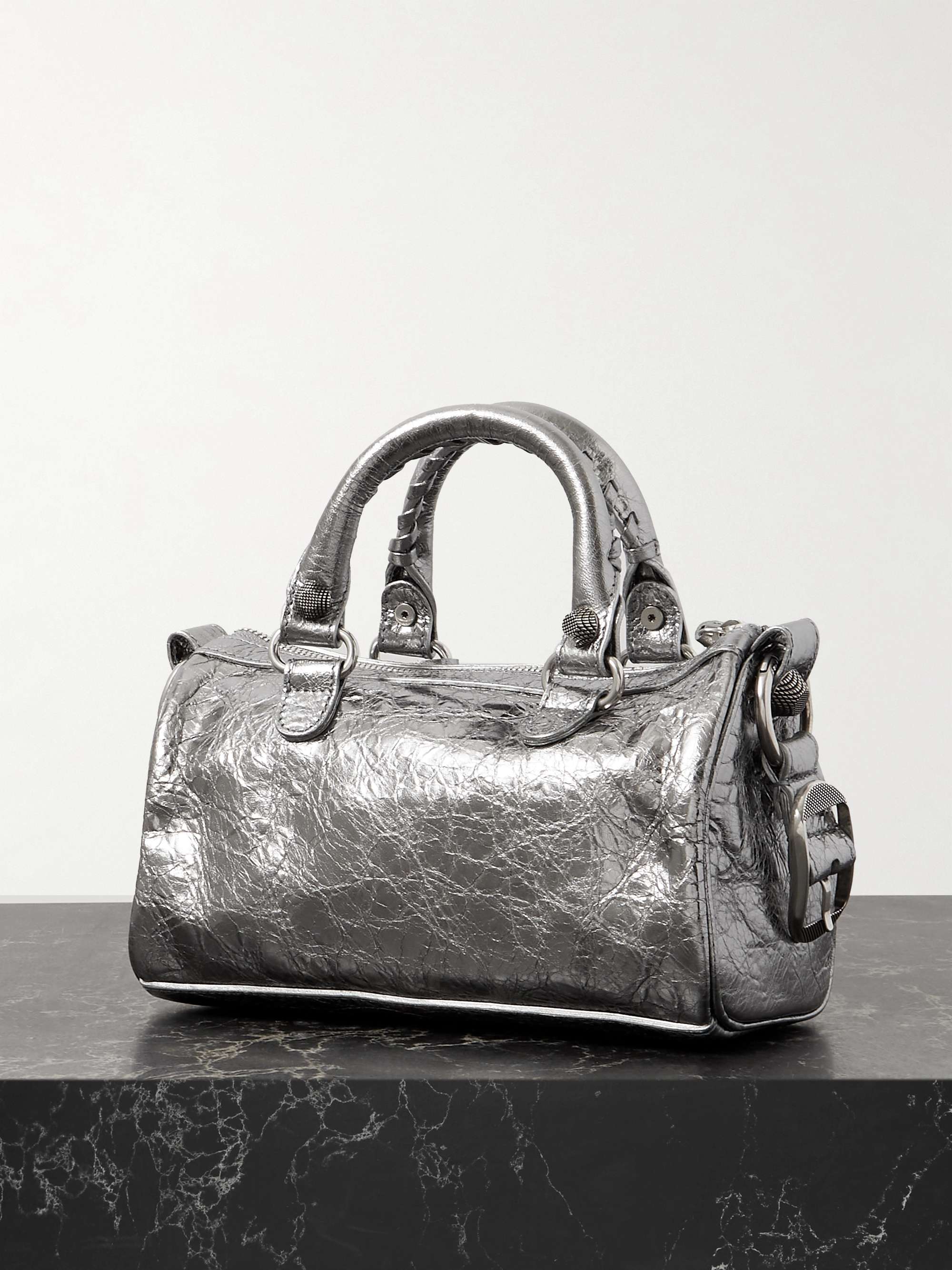 BALENCIAGA Neo Cagole XS studded metallic crinkled-leather tote