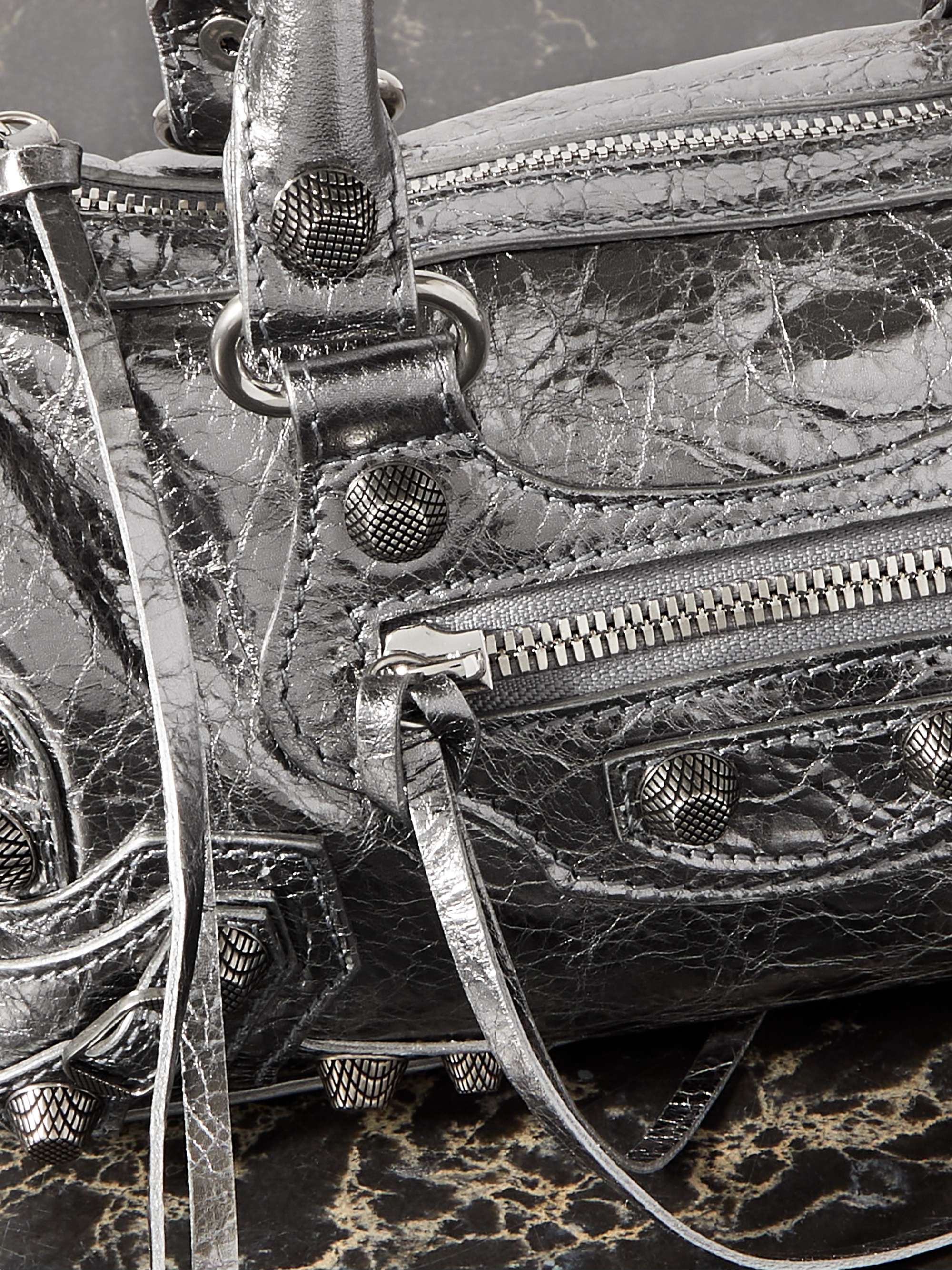 BALENCIAGA Neo Cagole XS studded metallic crinkled-leather tote