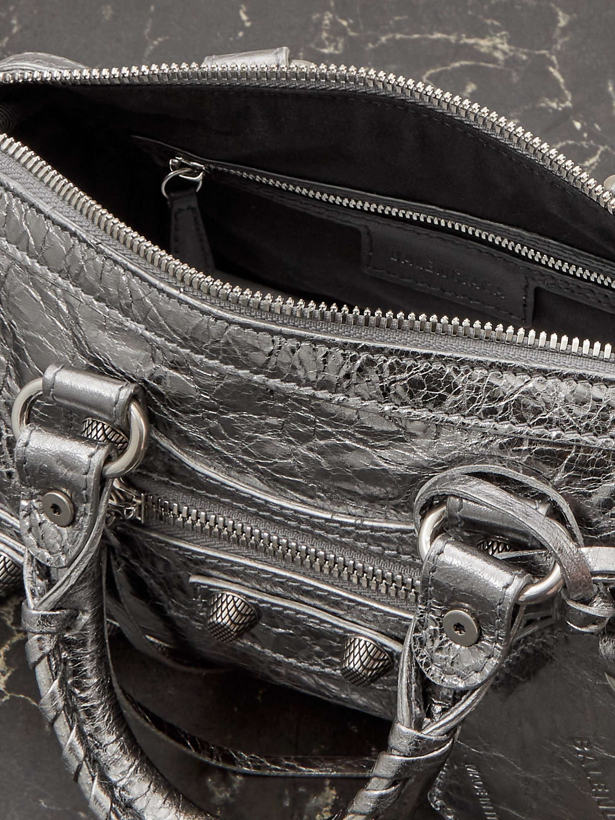 BALENCIAGA Neo Cagole XS studded metallic crinkled-leather tote