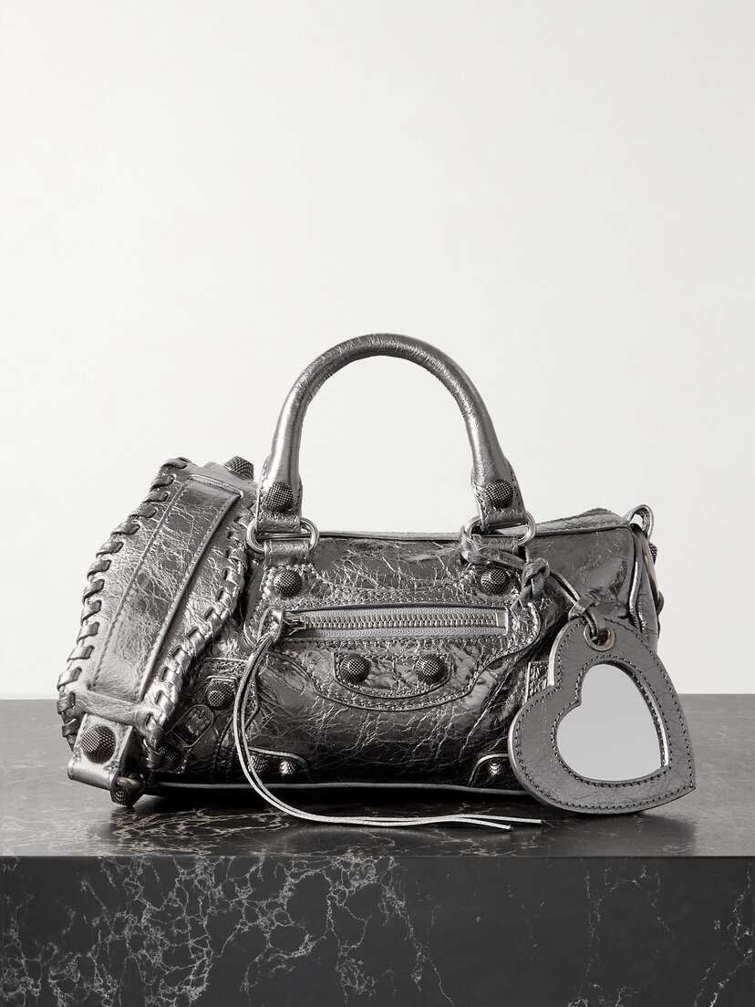 Balenciaga Neo Cagole Xs Studded Metallic Crinkled-leather Tote