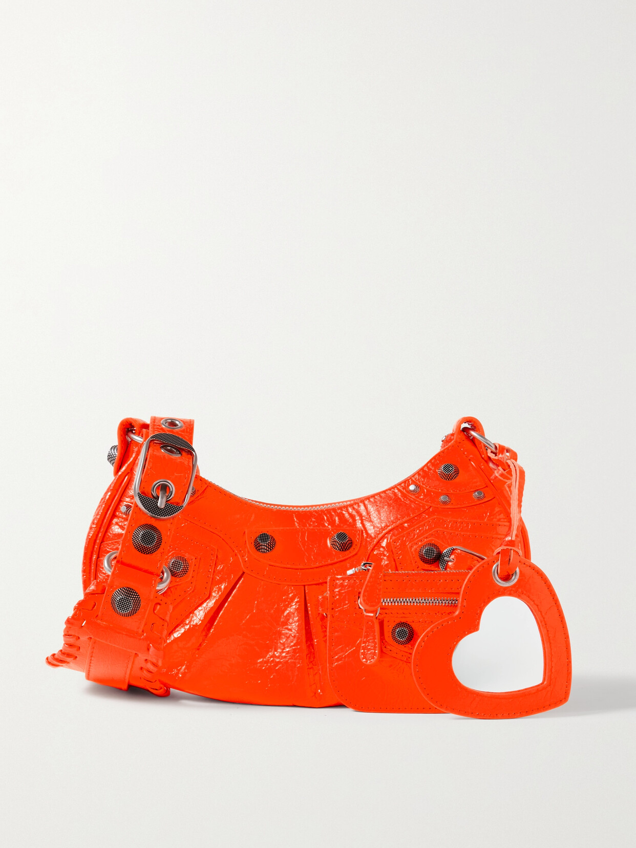 Balenciaga Le Cagole Xs Studded Neon Crinkled-leather Shoulder Bag In Orange