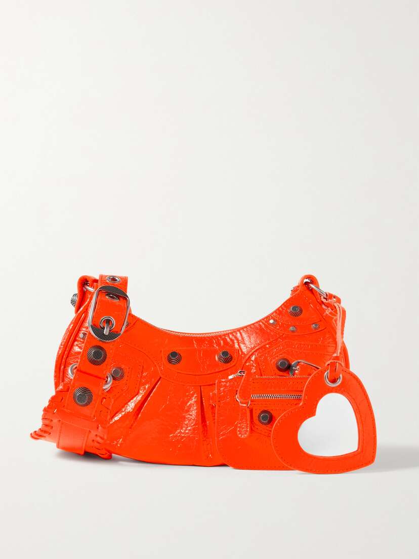 Balenciaga Le Cagole Xs Studded Neon Crinkled-leather Shoulder Bag