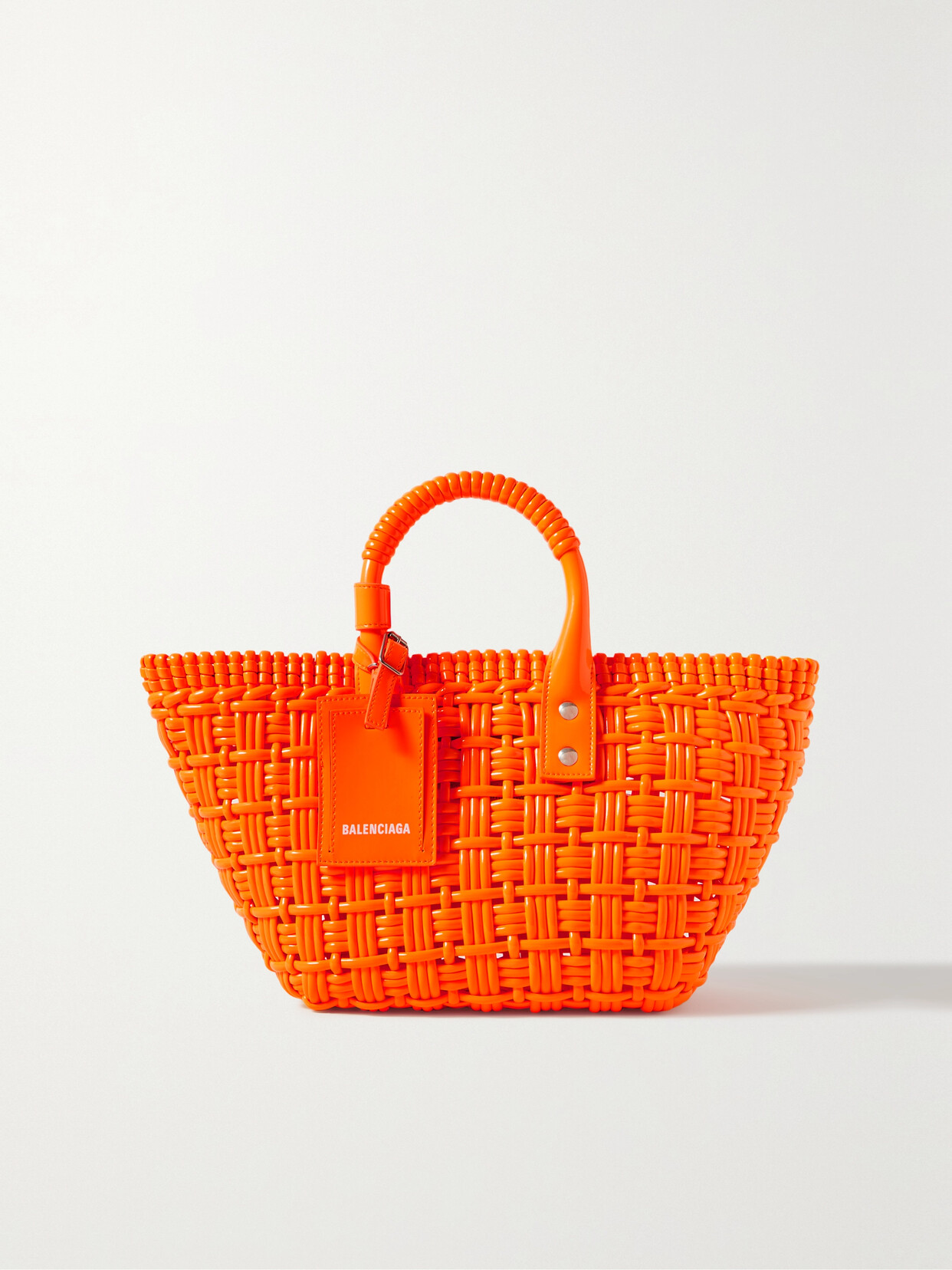 Shop Balenciaga Bistro Woven Faux Patent-leather Tote In Orange