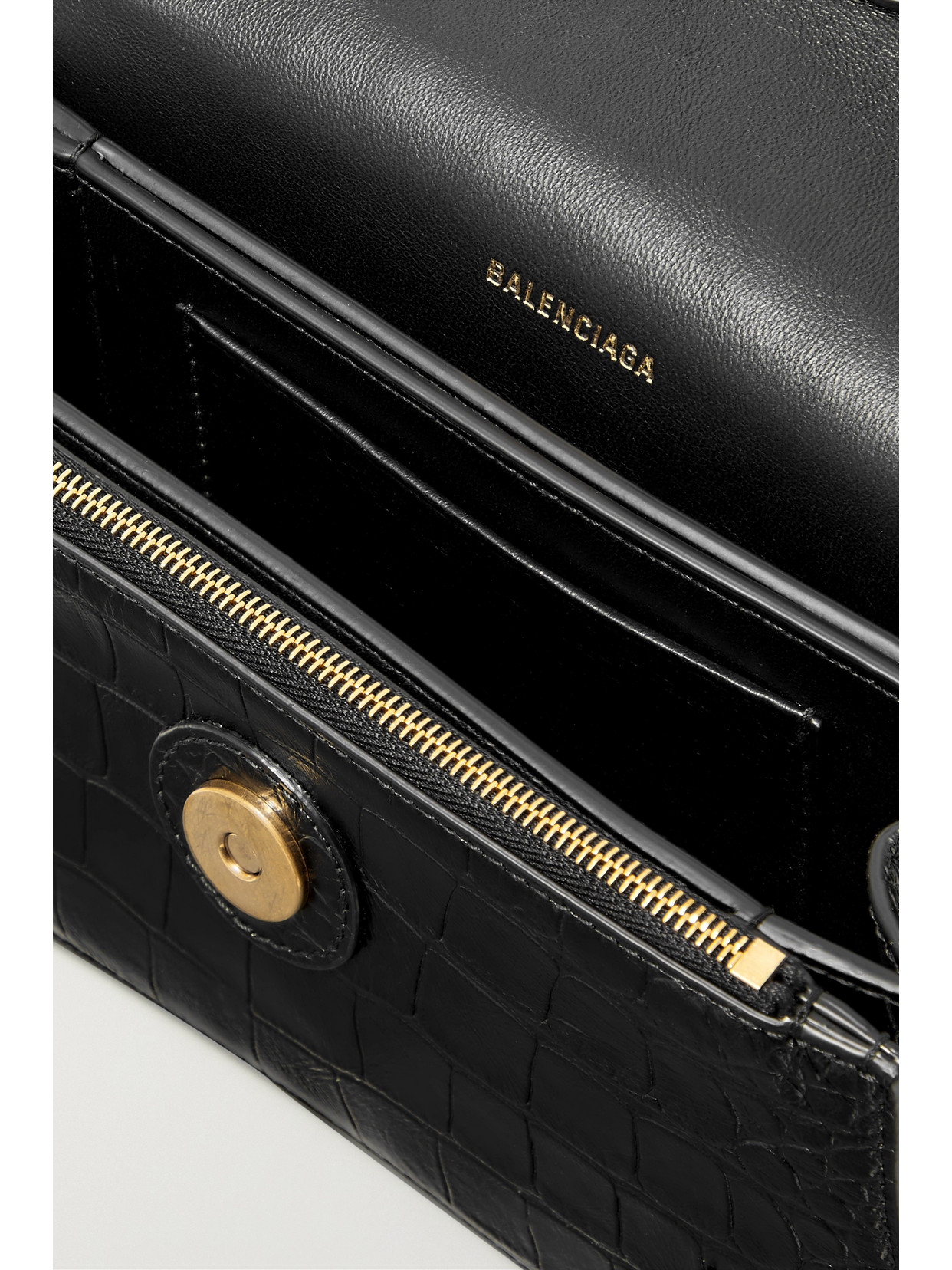 BALENCIAGA CRUSH SMALL CROC-EFFECT LEATHER SHOULDER BAG