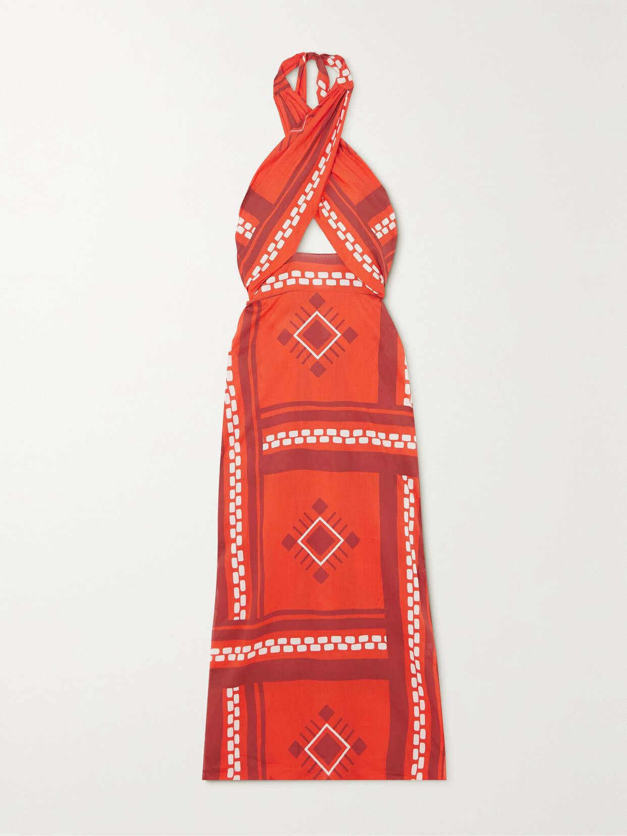 Shop Johanna Ortiz + Net Sustain Cuzco Ruby Quipu Knots Cutout Printed Cotton-voile Halterneck Maxi Dress In Red