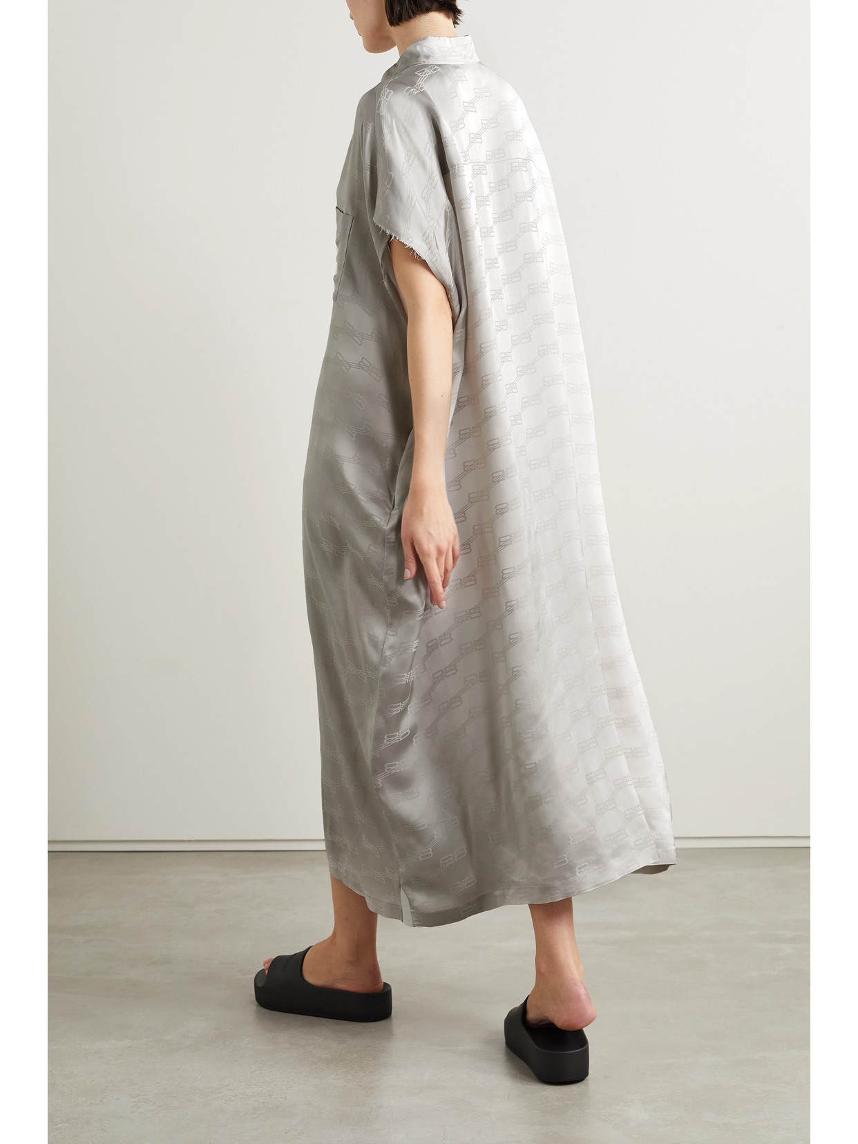 Balenciaga Oversized Frayed Satin-jacquard Midi Shirt Dress In Gray