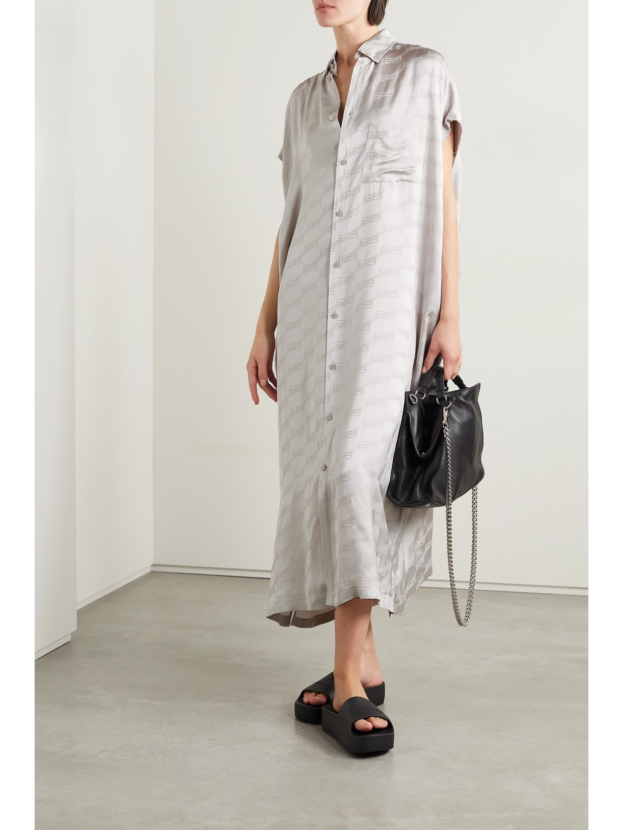 Balenciaga Oversized Frayed Satin-jacquard Midi Shirt Dress In Gray