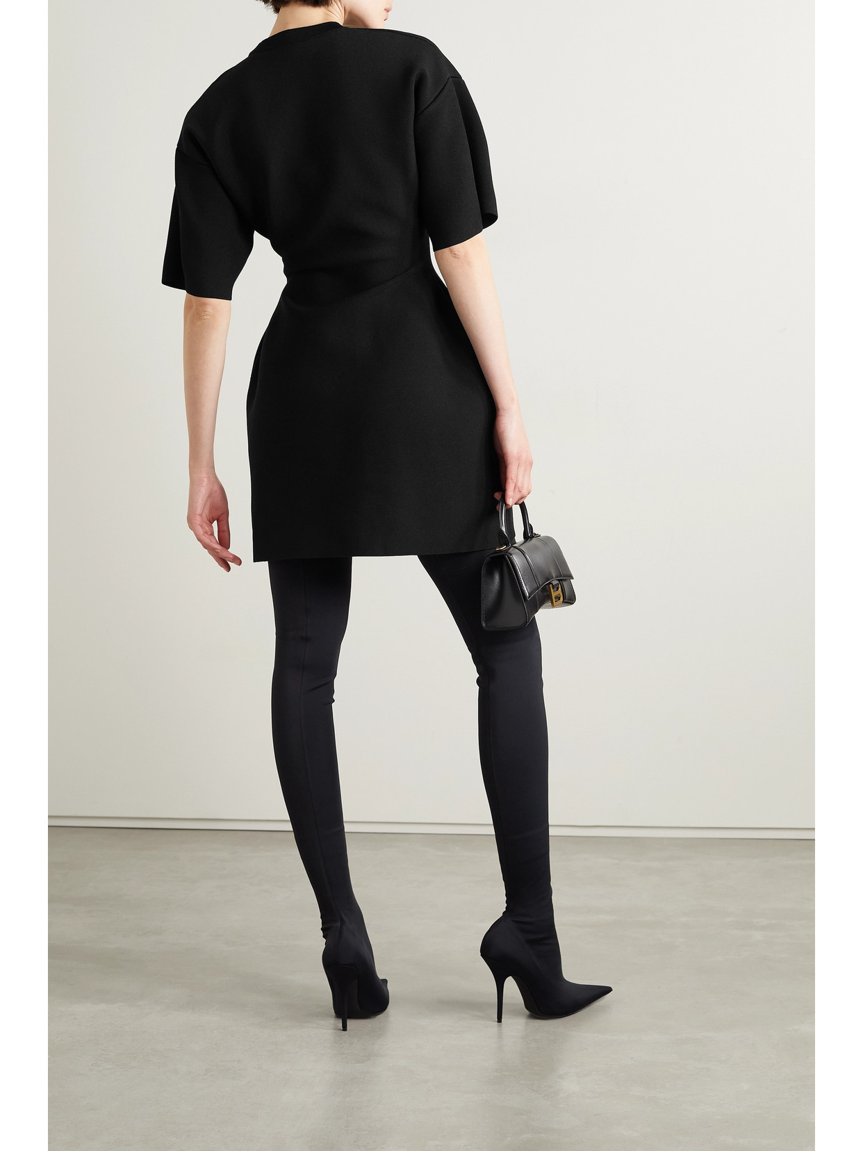 Balenciaga Hourglass Short Sleeve Round Neck Dress In Black