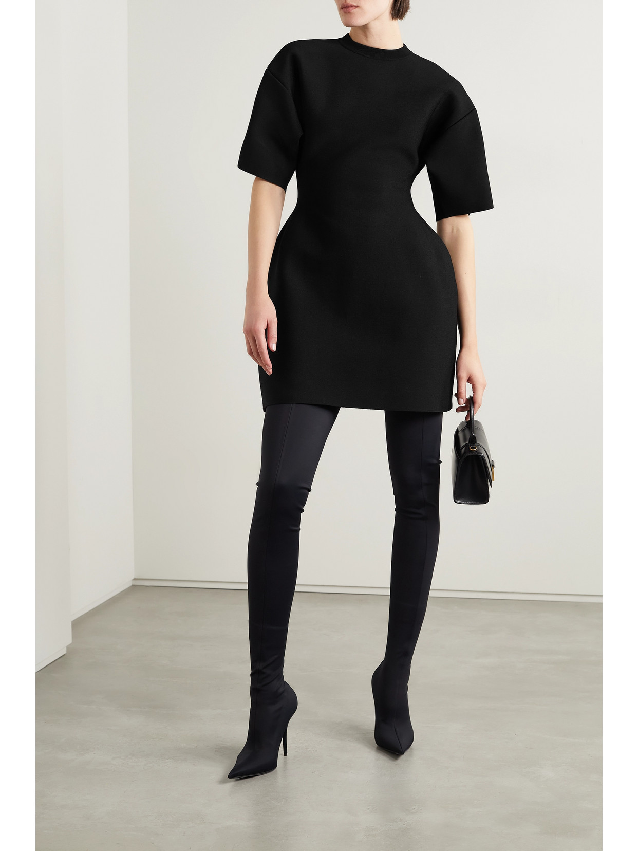 Balenciaga Hourglass Short Sleeve Round Neck Dress In Black