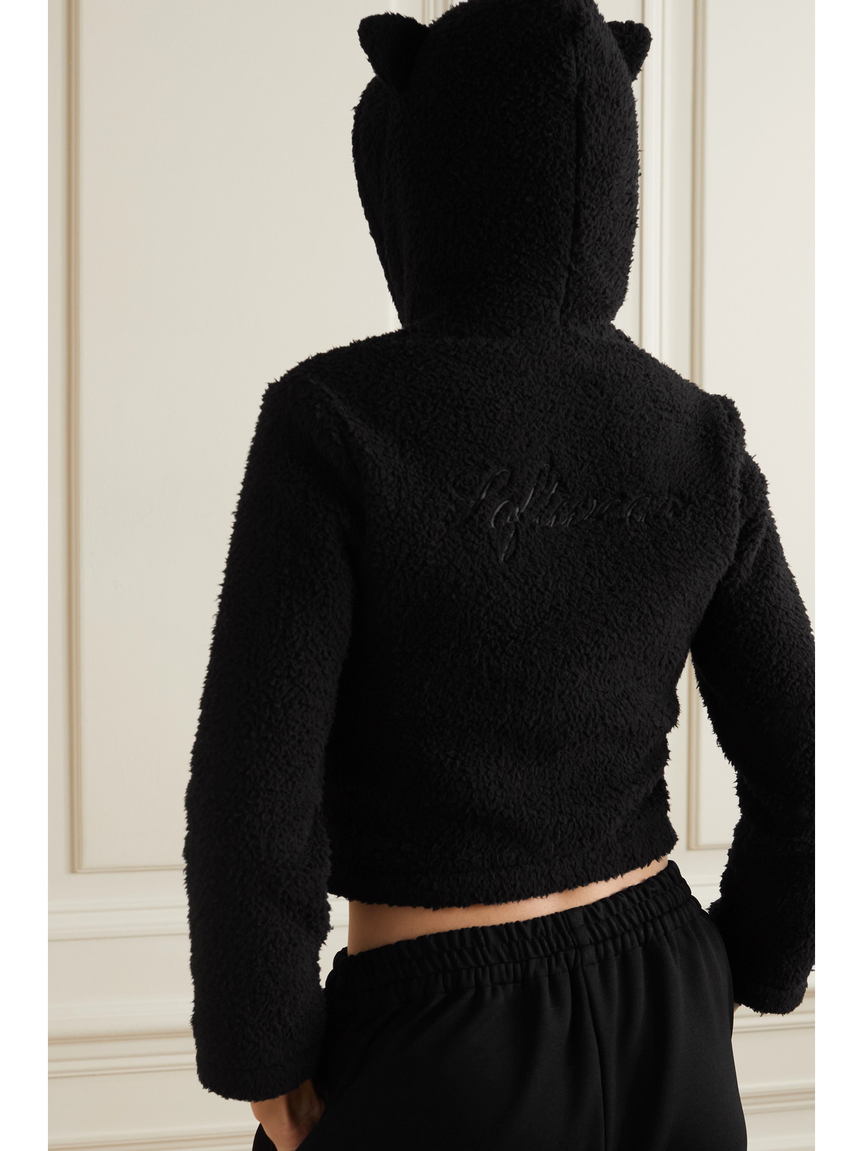 Shop Balenciaga Embroidered Faux Fur Hoodie In Black