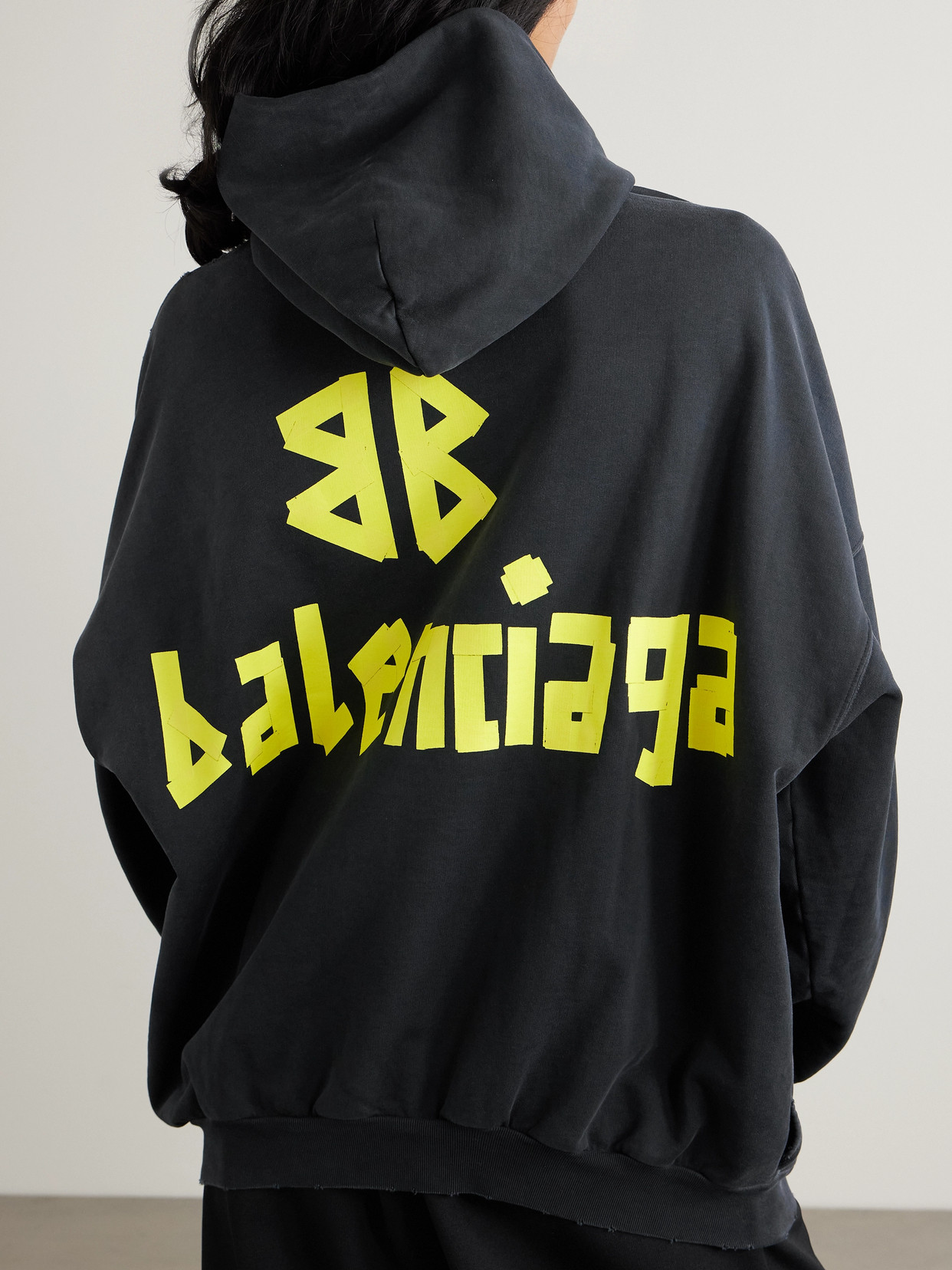 Balenciaga Oversized Distressed Printed Cotton-jersey Hoodie In Black