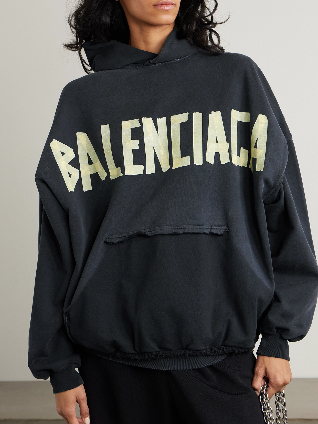 Balenciaga Oversized Distressed Printed Cotton-jersey Hoodie In Black