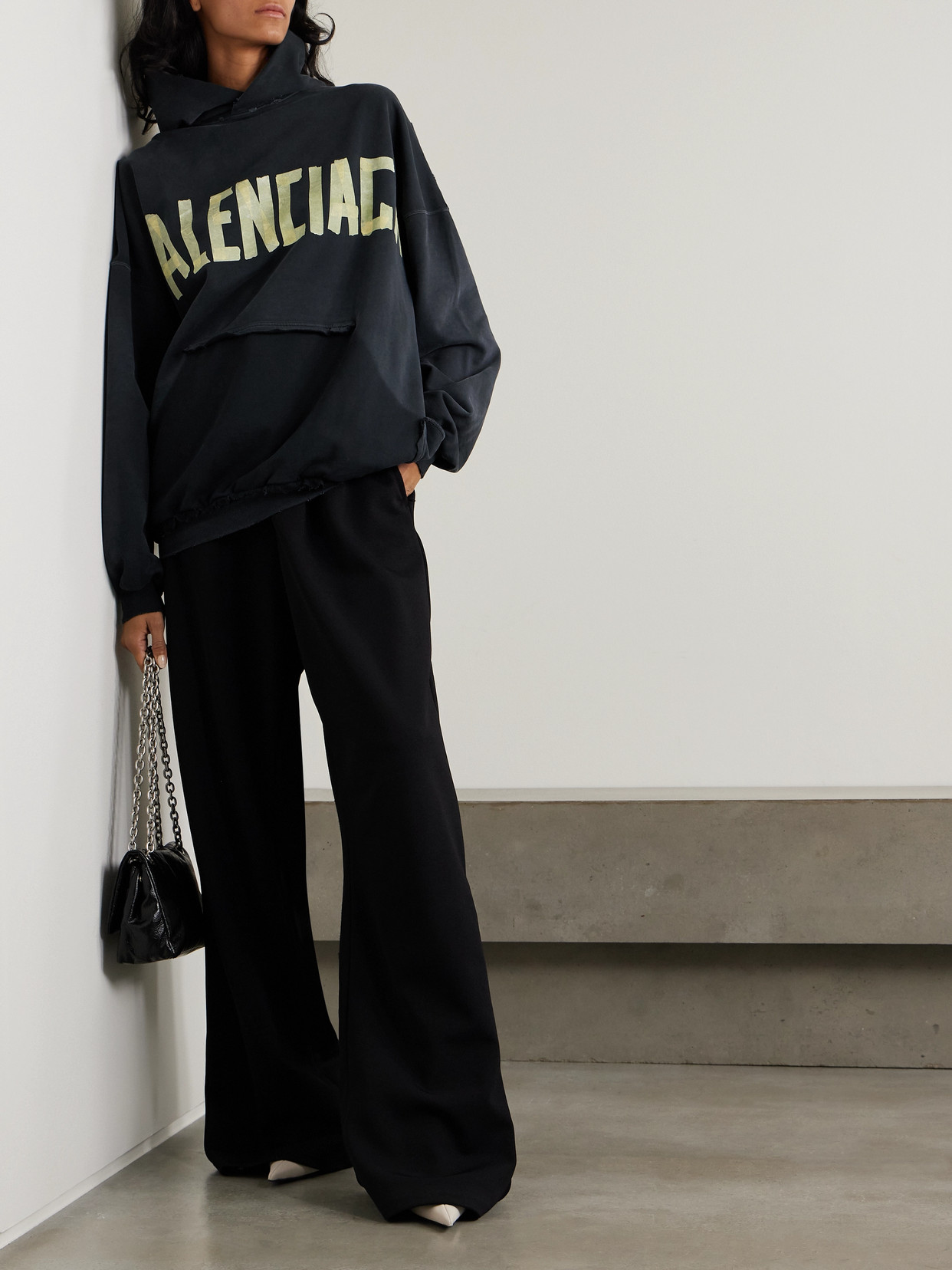 Balenciaga Oversized Distressed Printed Cotton-jersey Hoodie In Black