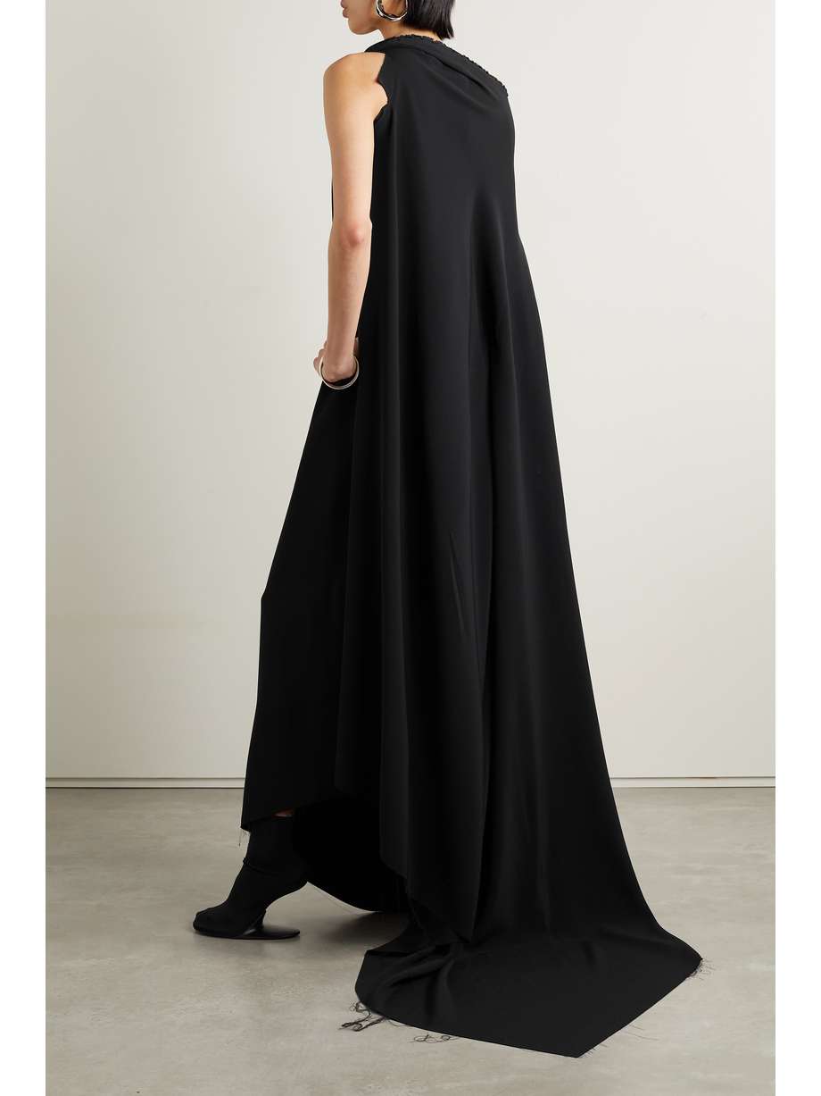 asymmetric one-shoulder frayed draped crepe gown